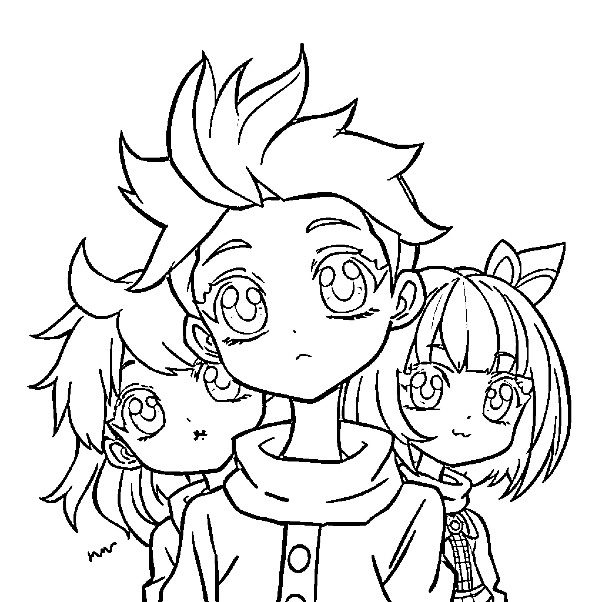 Anime characters with cheerful expressions Coloring Page (free black-and-white line drawing printable PDF for all, from beginners to advanced learners, including children, teens, adults, and seniors)