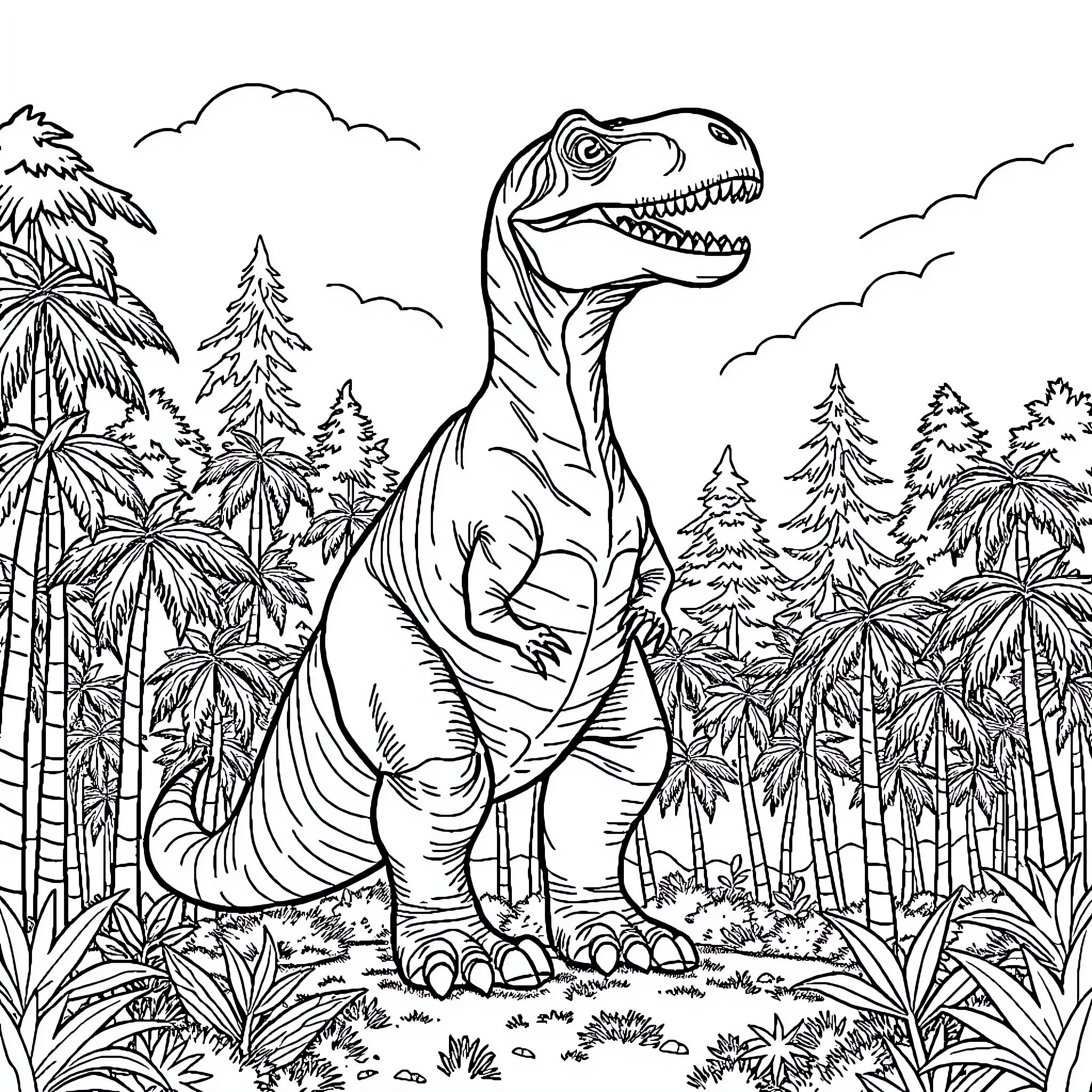 Dinosaur roaming the prehistoric forest Coloring Page (free black-and-white line drawing printable PDF for all, from beginners to advanced learners, including children, teens, adults, and seniors)