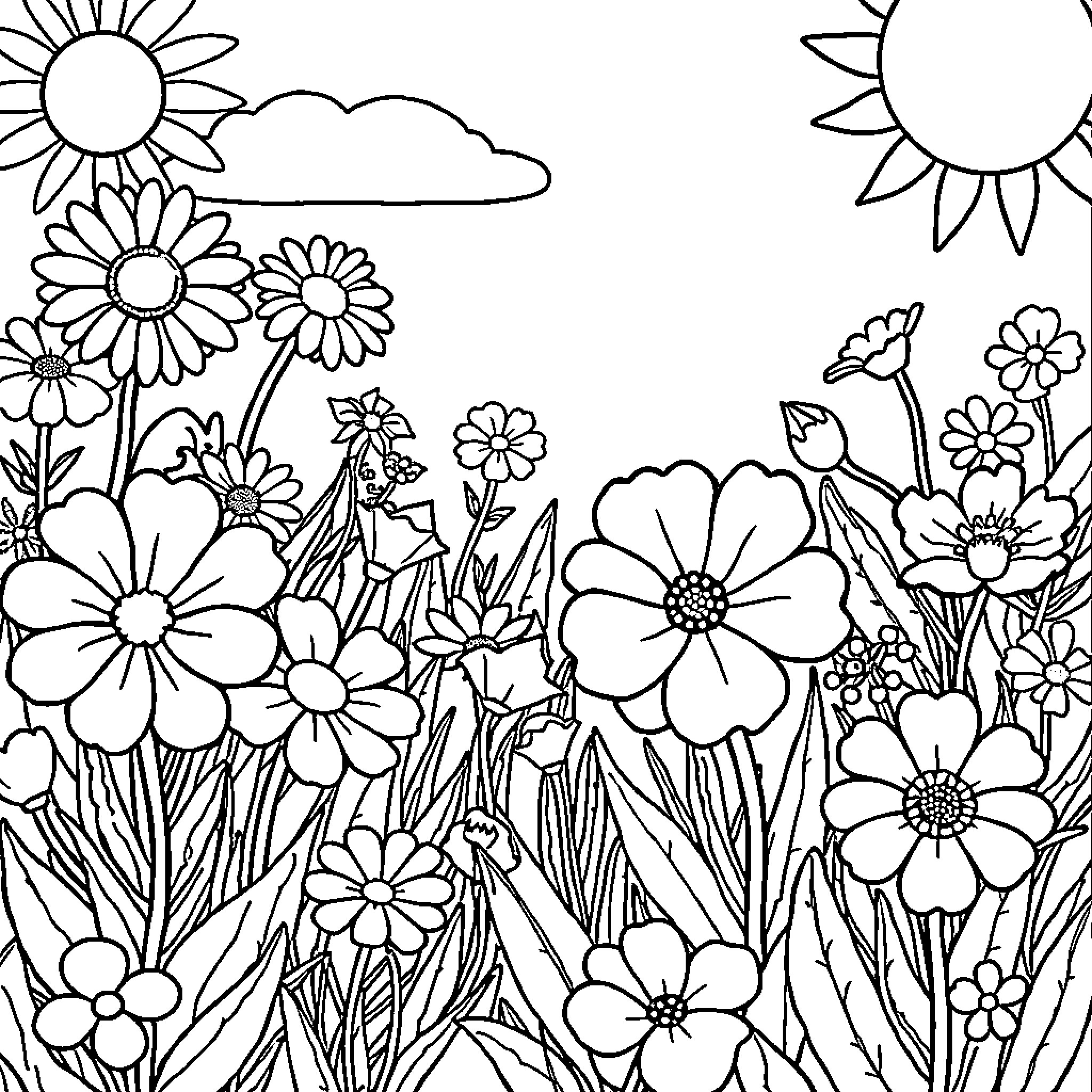 Flower Garden Filled with Blooming Flowers Coloring Page (free black-and-white line drawing printable PDF for all, from beginners to advanced learners, including children, teens, adults, and seniors)