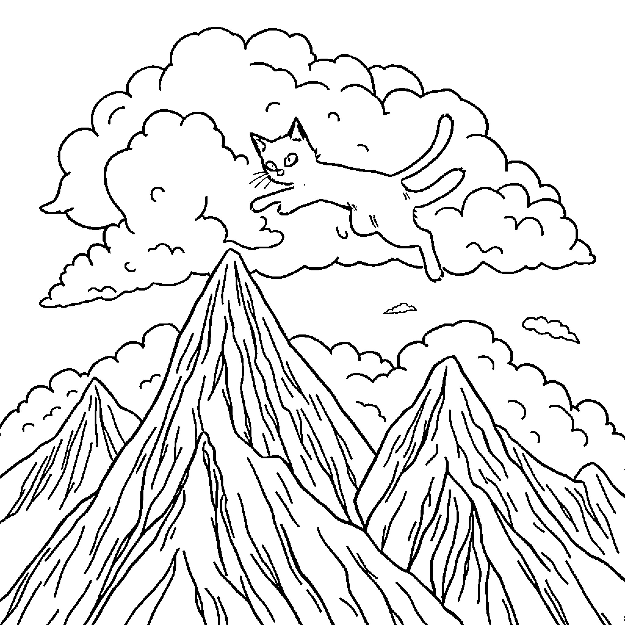 Cat jumping through fluffy clouds over rugged mountains Coloring Page (free black-and-white line drawing printable PDF for all, from beginners to advanced learners, including children, teens, adults, and seniors)