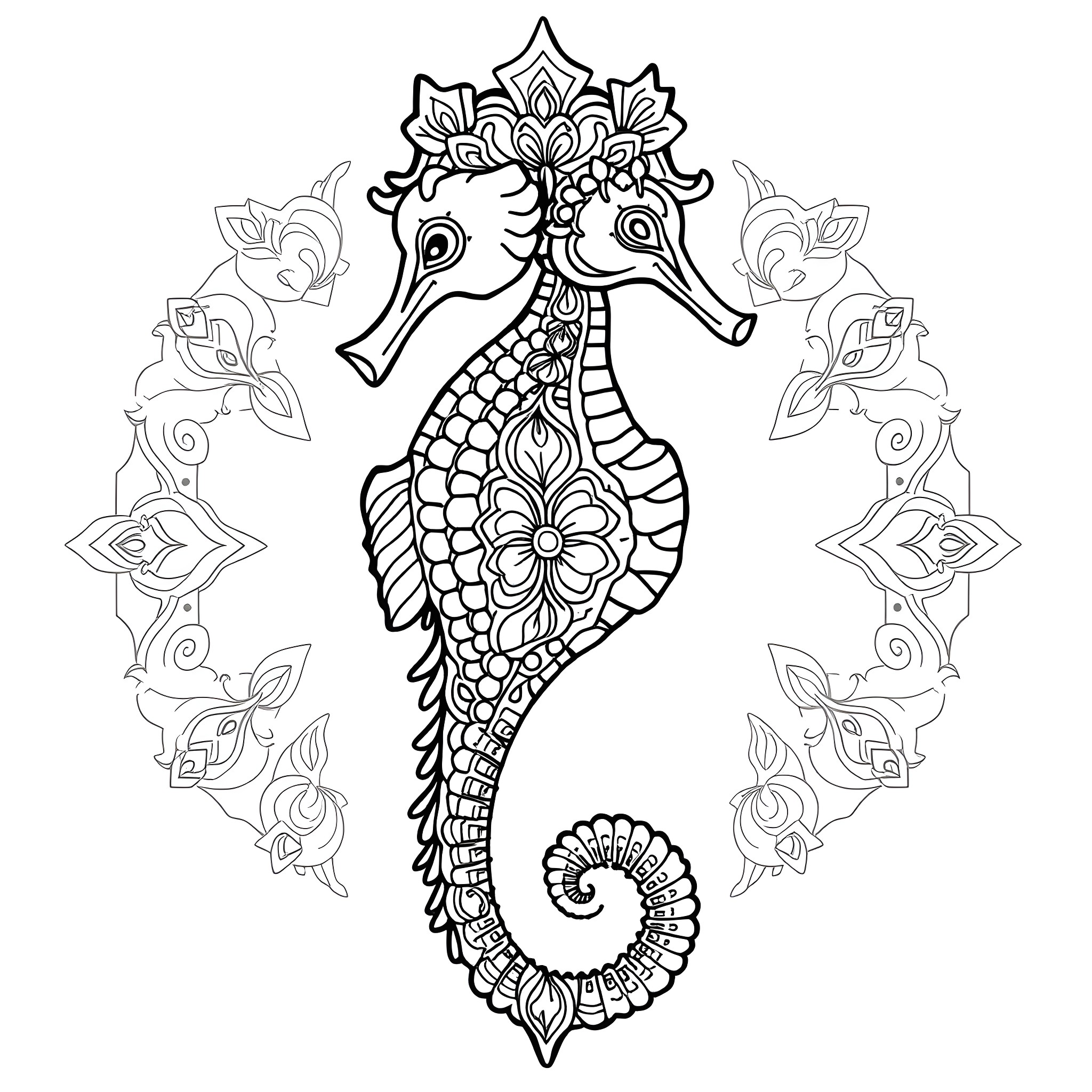 Seahorse decorated with intricate floral patterns Coloring Page (free black-and-white line drawing printable PDF for all, from beginners to advanced learners, including children, teens, adults, and seniors)