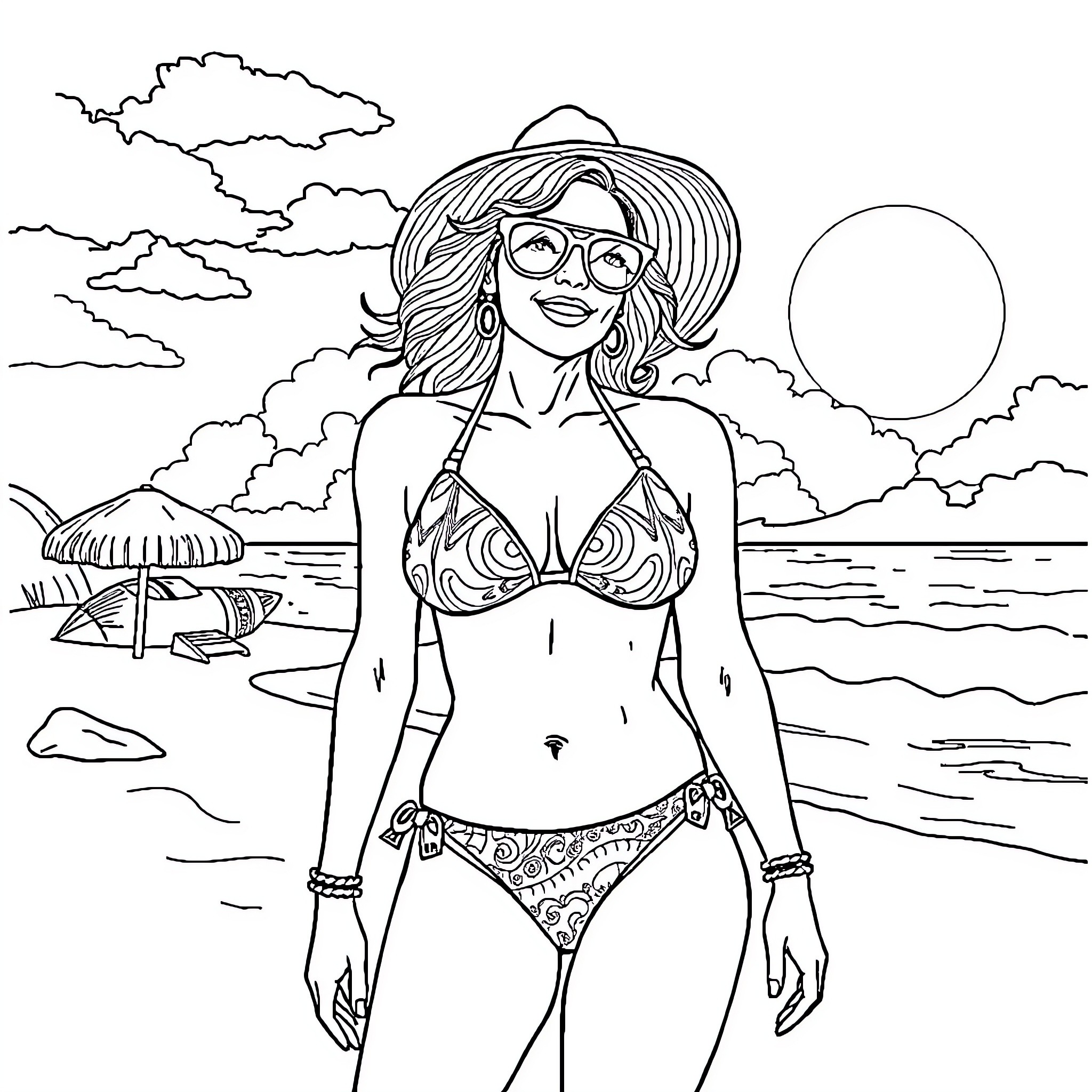 Francine Smith enjoying a sunny day at the beach Coloring Page (free black-and-white line drawing printable PDF for all, from beginners to advanced learners, including children, teens, adults, and seniors)