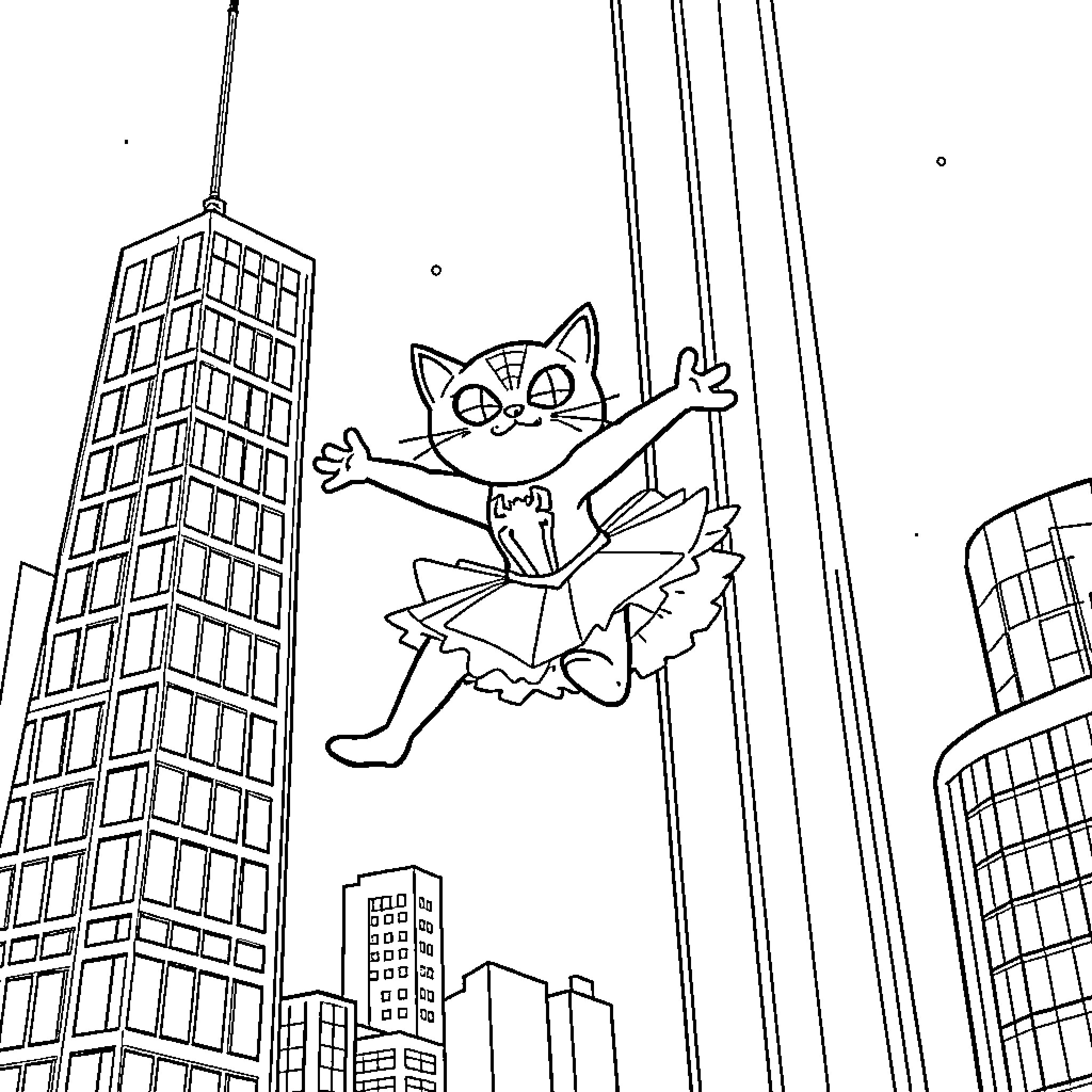 Cat superhero swinging through the city Coloring Page (free black-and-white line drawing printable PDF for all, from beginners to advanced learners, including children, teens, adults, and seniors)
