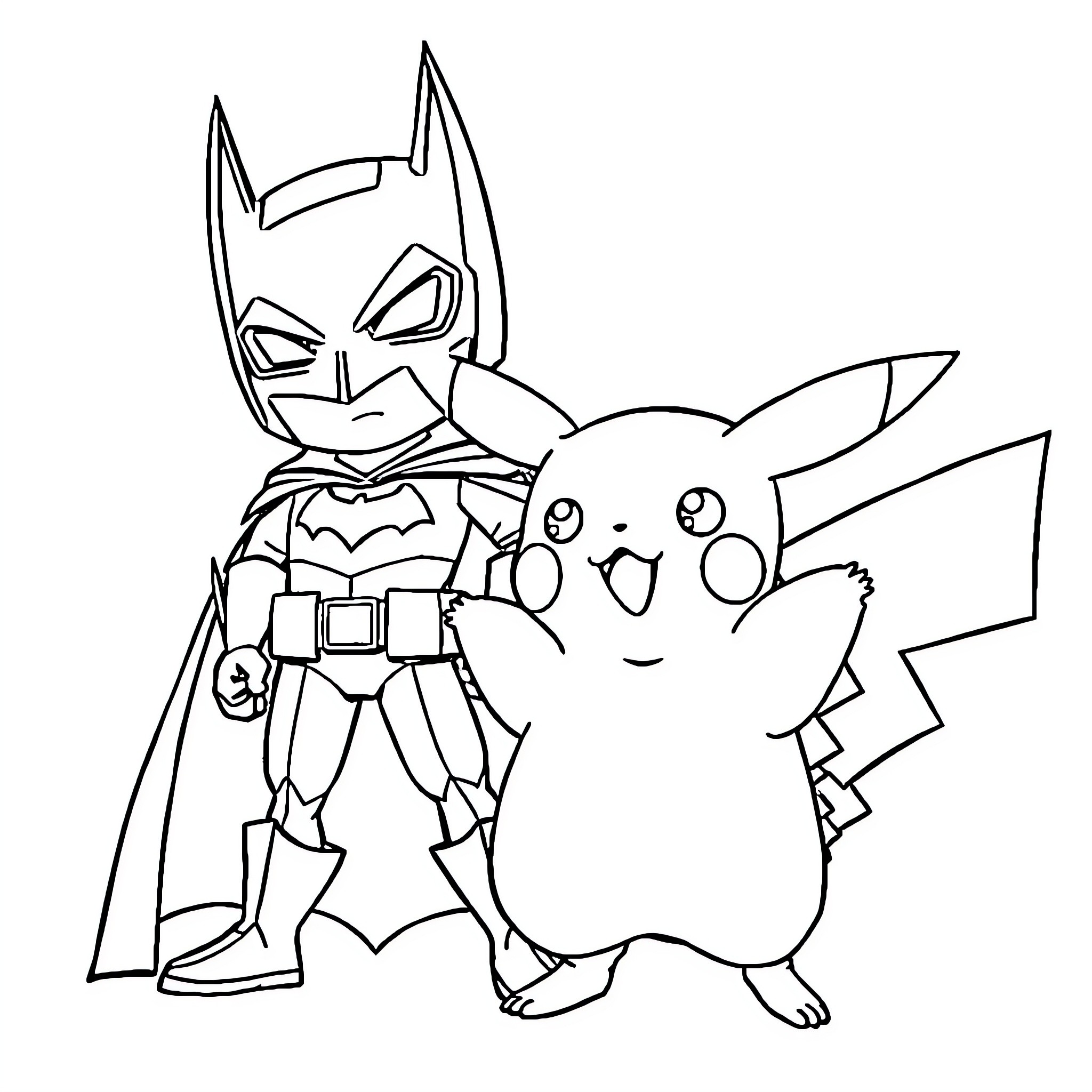 Pikachu and Batman in Friendly Encounter Coloring Page (free black-and-white line drawing printable PDF for all, from beginners to advanced learners, including children, teens, adults, and seniors)