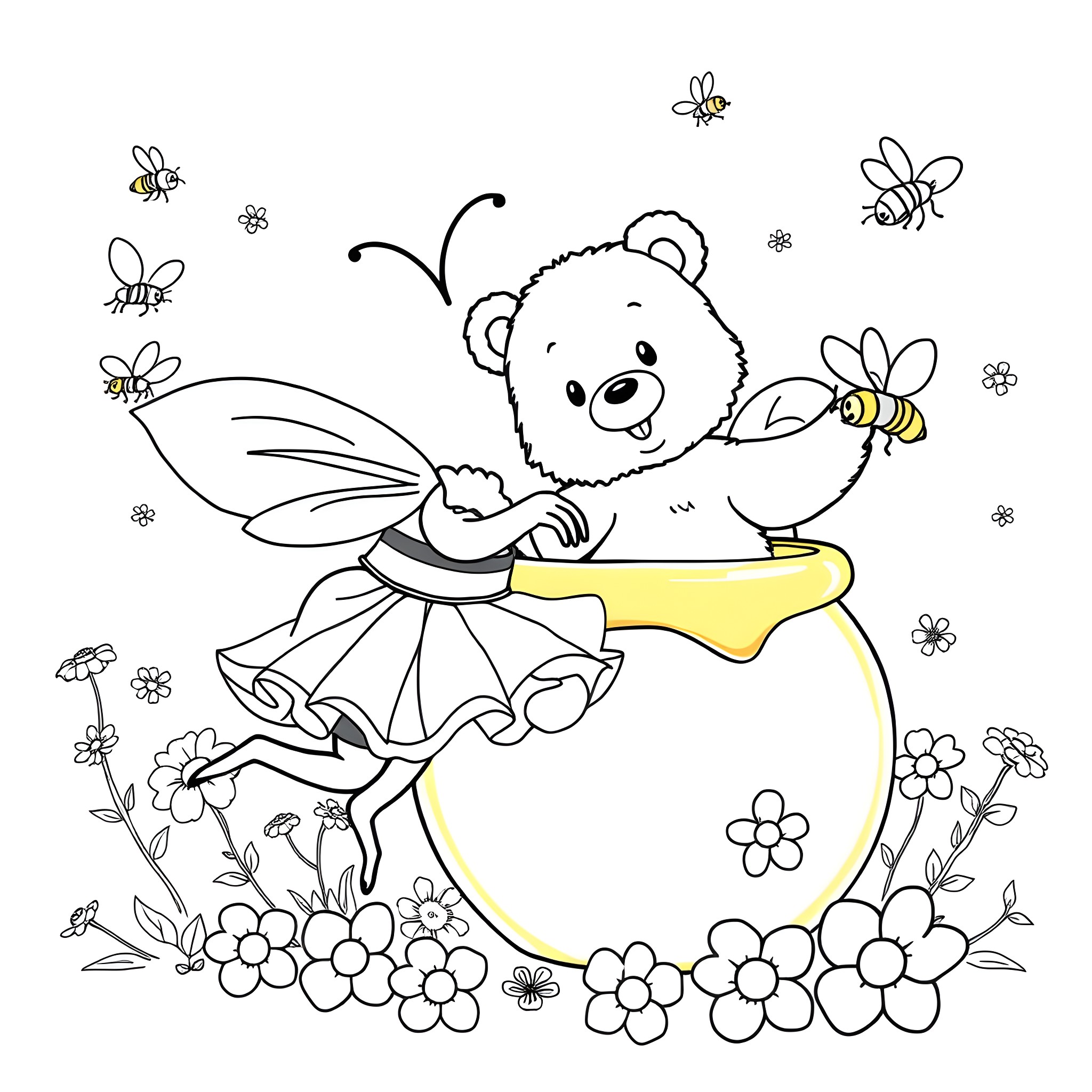 Bee-themed bear and butterflies in a flower field Coloring Page (free black-and-white line drawing printable PDF for all, from beginners to advanced learners, including children, teens, adults, and seniors)