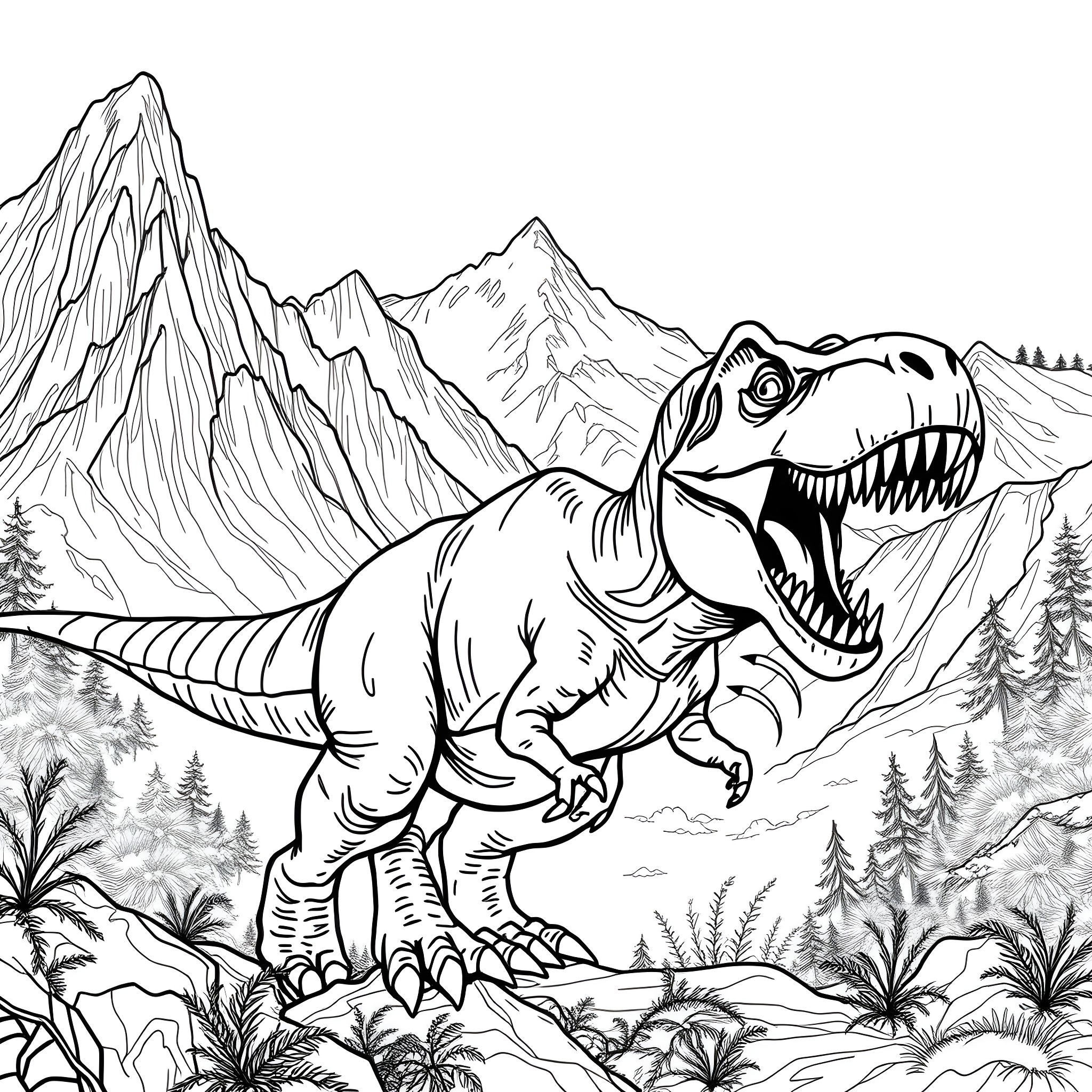 T-Rex Roaring in Prehistoric Landscape Coloring Page (free black-and-white line drawing printable PDF for all, from beginners to advanced learners, including children, teens, adults, and seniors)