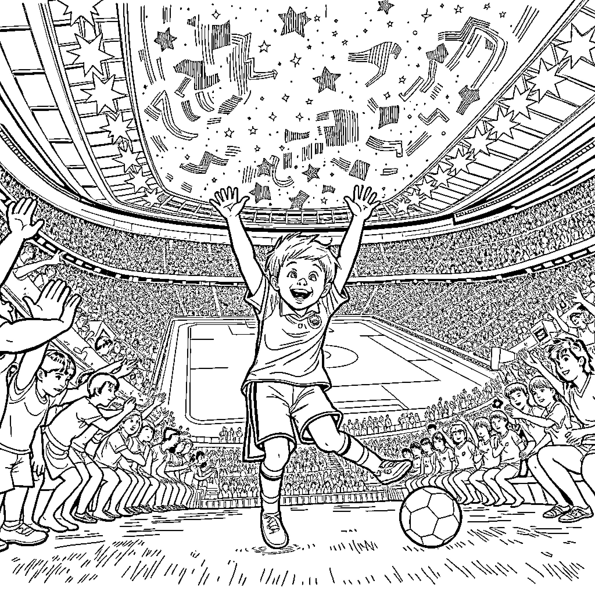Boy Celebrating Victory on Soccer Field Coloring Page (free black-and-white line drawing printable PDF for all, from beginners to advanced learners, including children, teens, adults, and seniors)