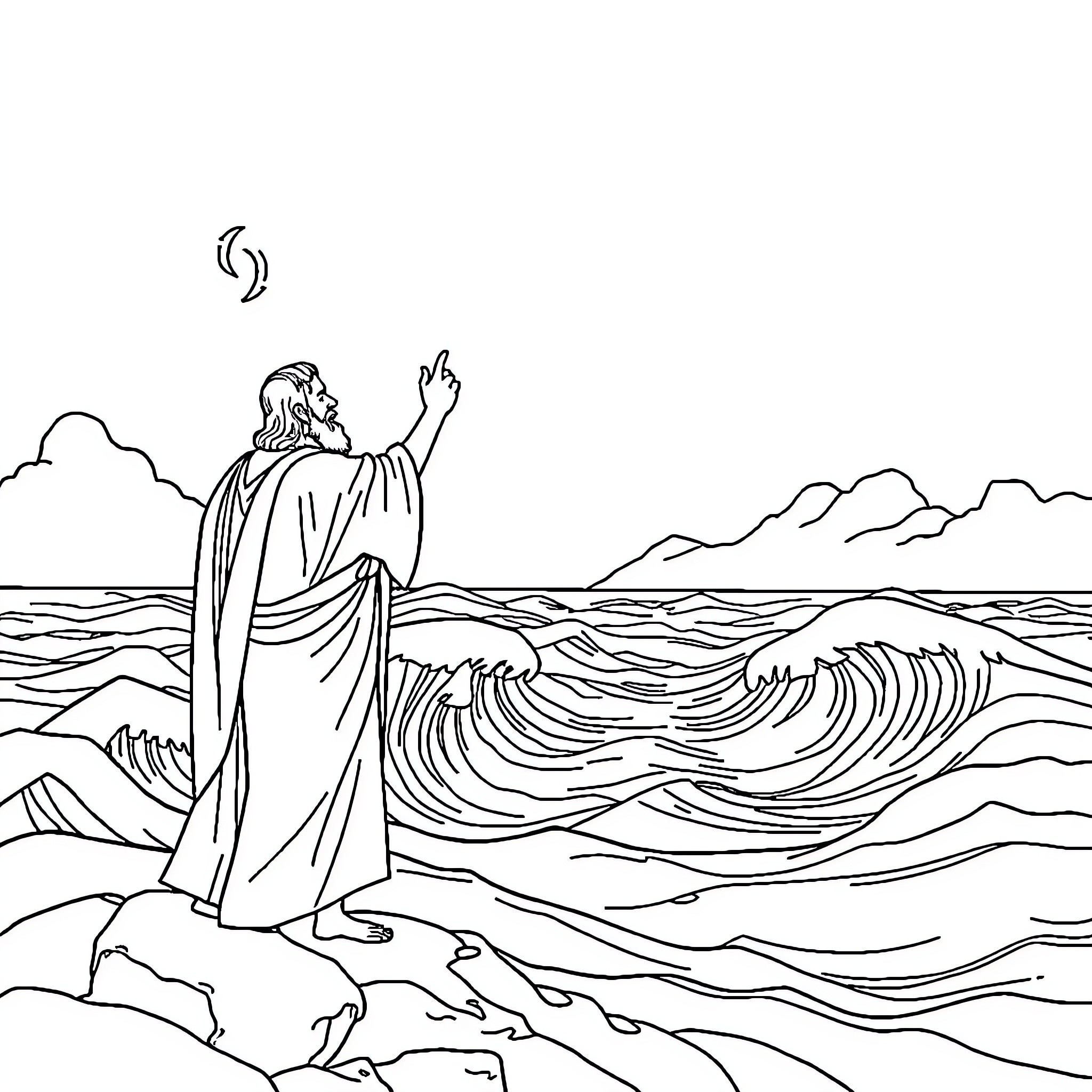 Moses parts the Red Sea with divine power Coloring Page (free black-and-white line drawing printable PDF for all, from beginners to advanced learners, including children, teens, adults, and seniors)
