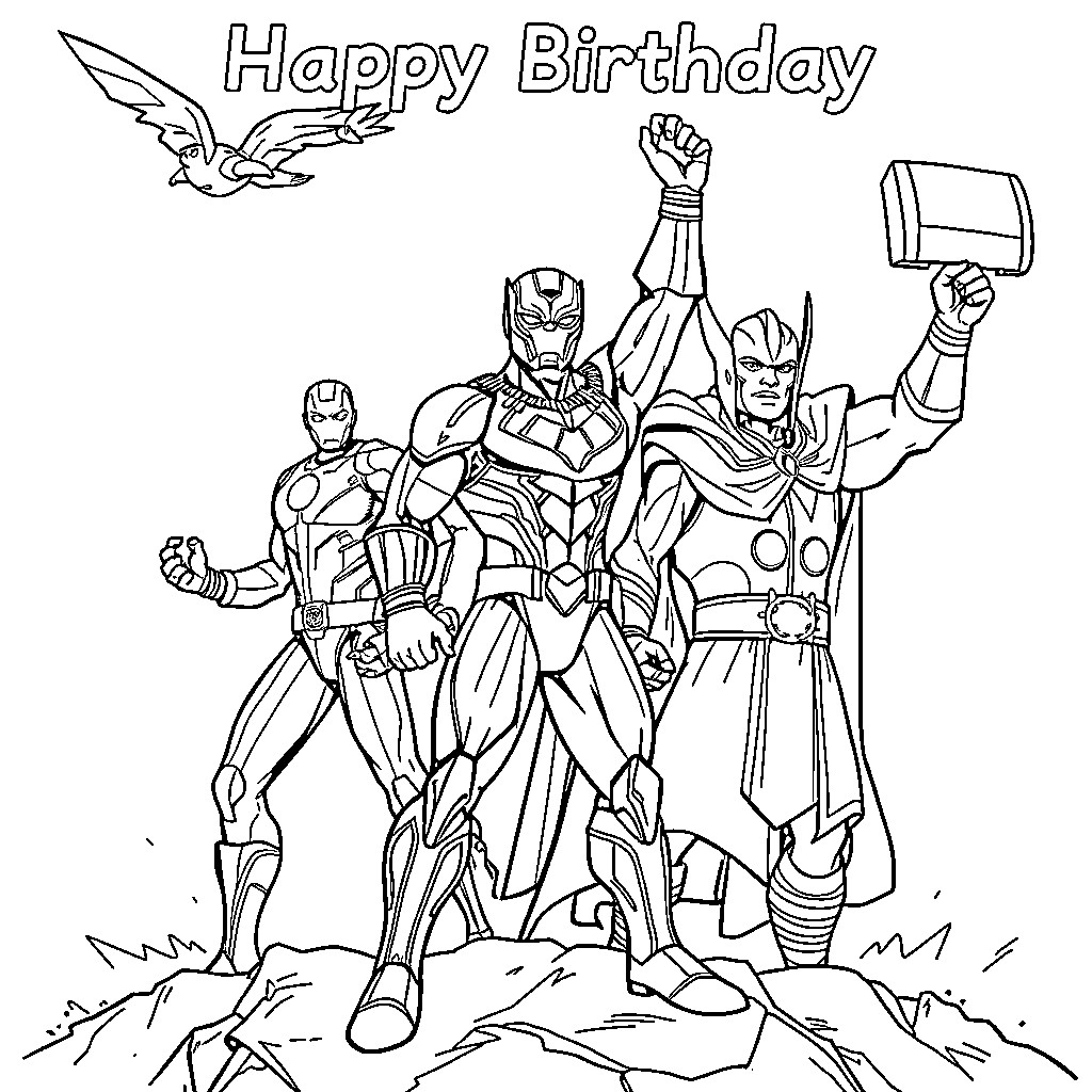 Superhero Trio Celebrates Birthday with Might Coloring Page (free black-and-white line drawing printable PDF for all, from beginners to advanced learners, including children, teens, adults, and seniors)
