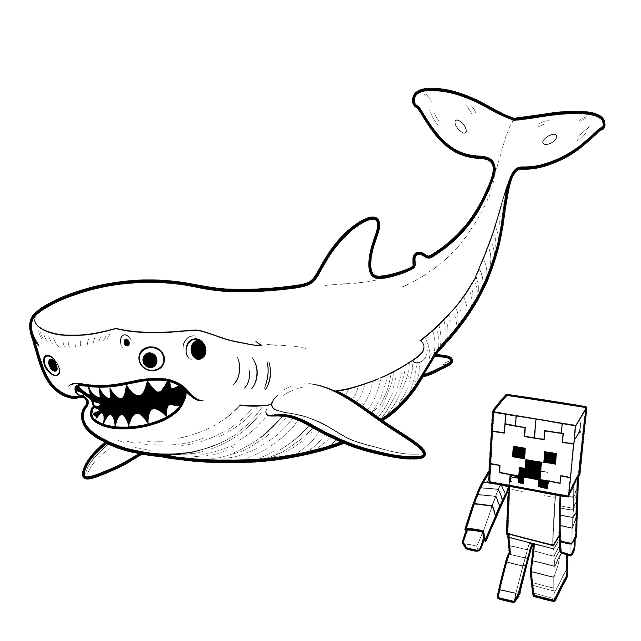 Whale Shark swimming with a pixelated character Coloring Page (free black-and-white line drawing printable PDF for all, from beginners to advanced learners, including children, teens, adults, and seniors)