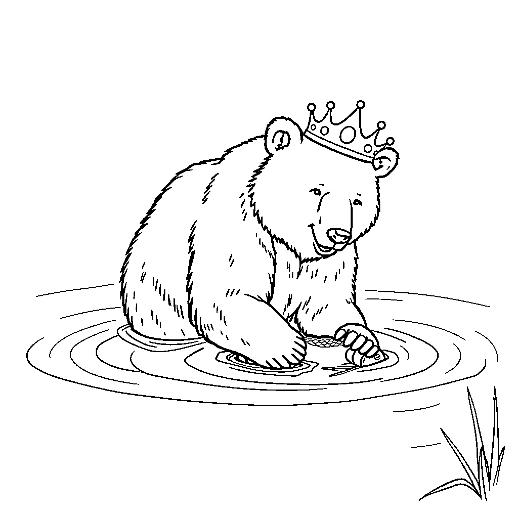 Bear wearing a crown relaxing in the water Coloring Page (free black-and-white line drawing printable PDF for all, from beginners to advanced learners, including children, teens, adults, and seniors)