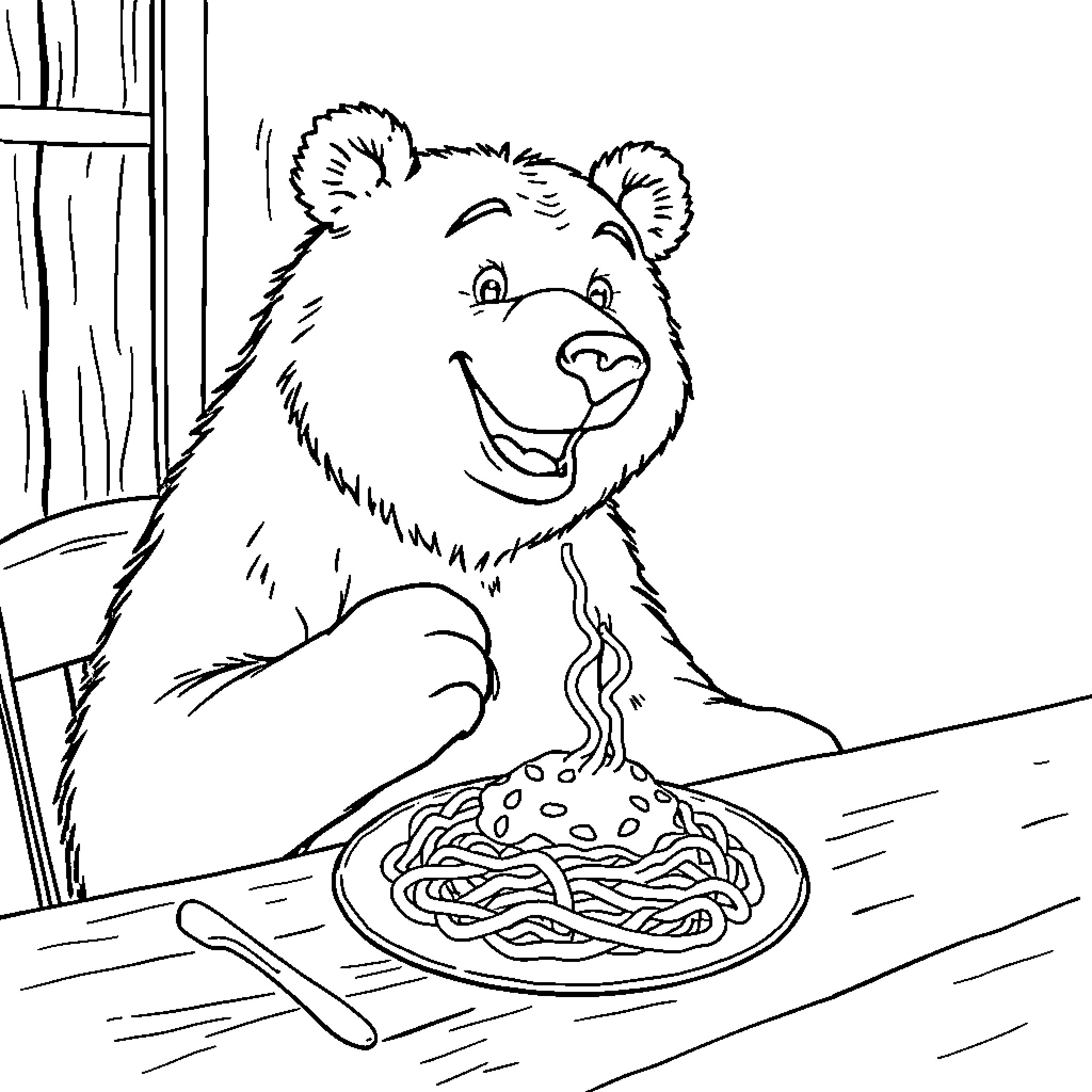 Bear enjoying a tasty pasta meal Coloring Page (free black-and-white line drawing printable PDF for all, from beginners to advanced learners, including children, teens, adults, and seniors)