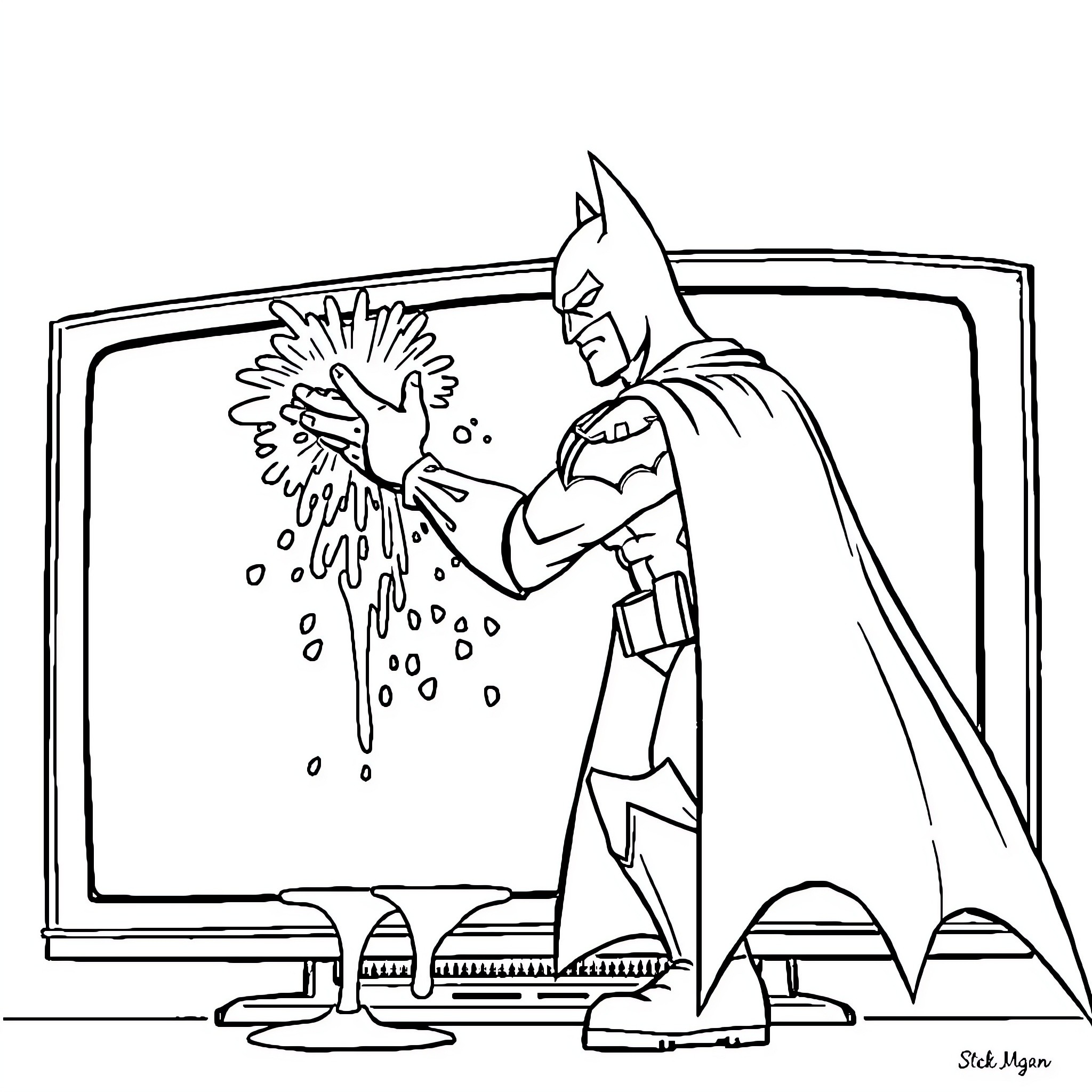 Batman spraying graffiti on a computer screen Coloring Page (free black-and-white line drawing printable PDF for all, from beginners to advanced learners, including children, teens, adults, and seniors)