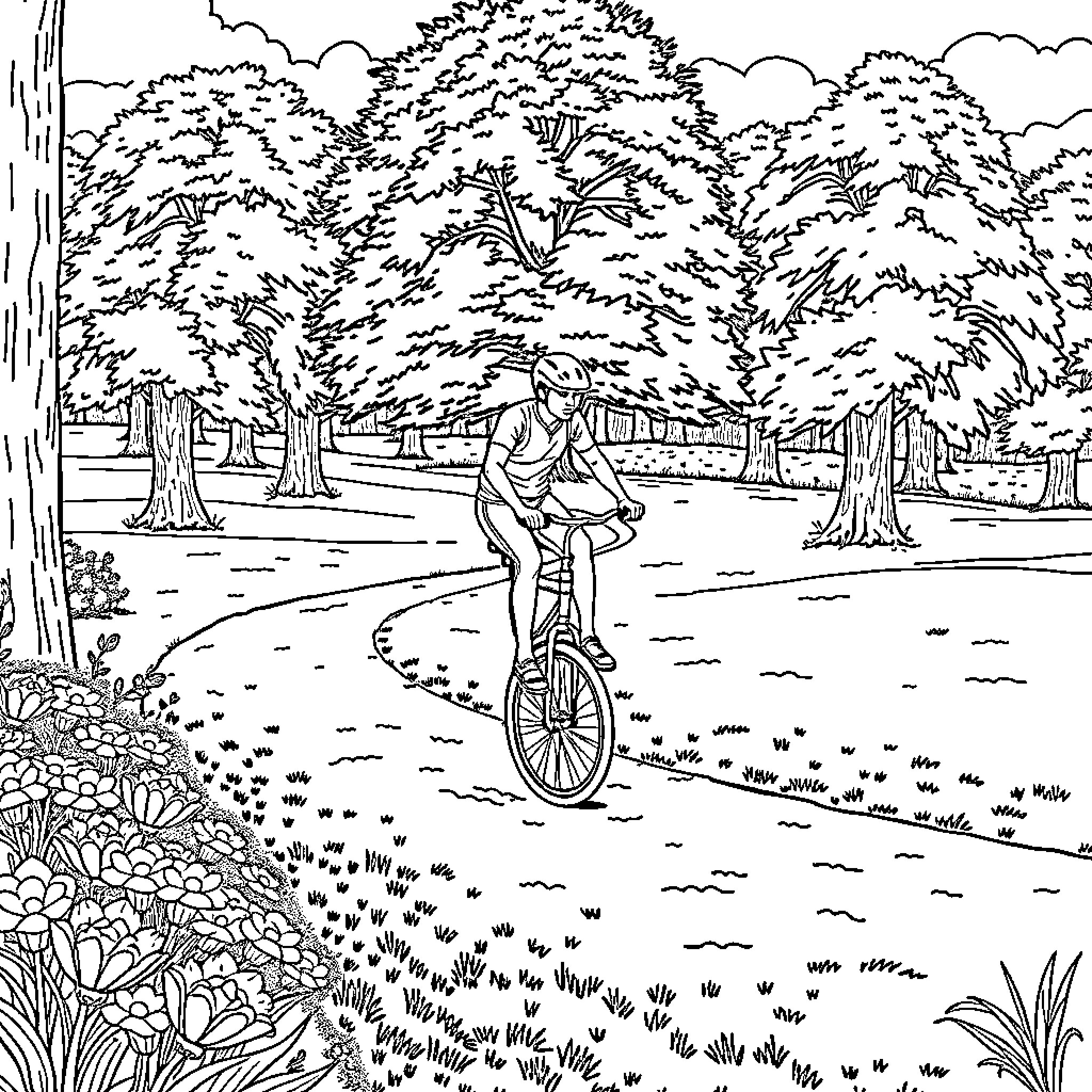Unicycle rider enjoying scenic woodland path Coloring Page (free black-and-white line drawing printable PDF for all, from beginners to advanced learners, including children, teens, adults, and seniors)