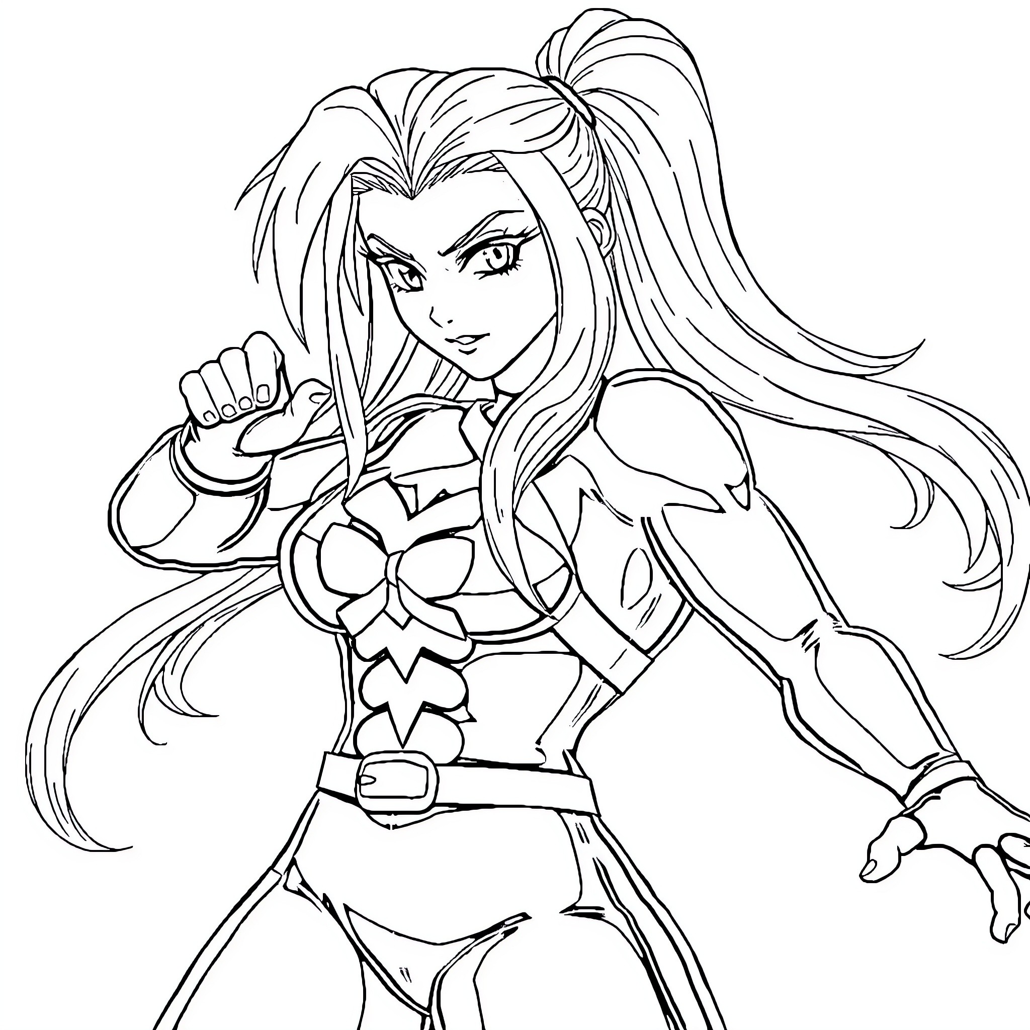 Kula, the brave warrior princess in action Coloring Page (free black-and-white line drawing printable PDF for all, from beginners to advanced learners, including children, teens, adults, and seniors)
