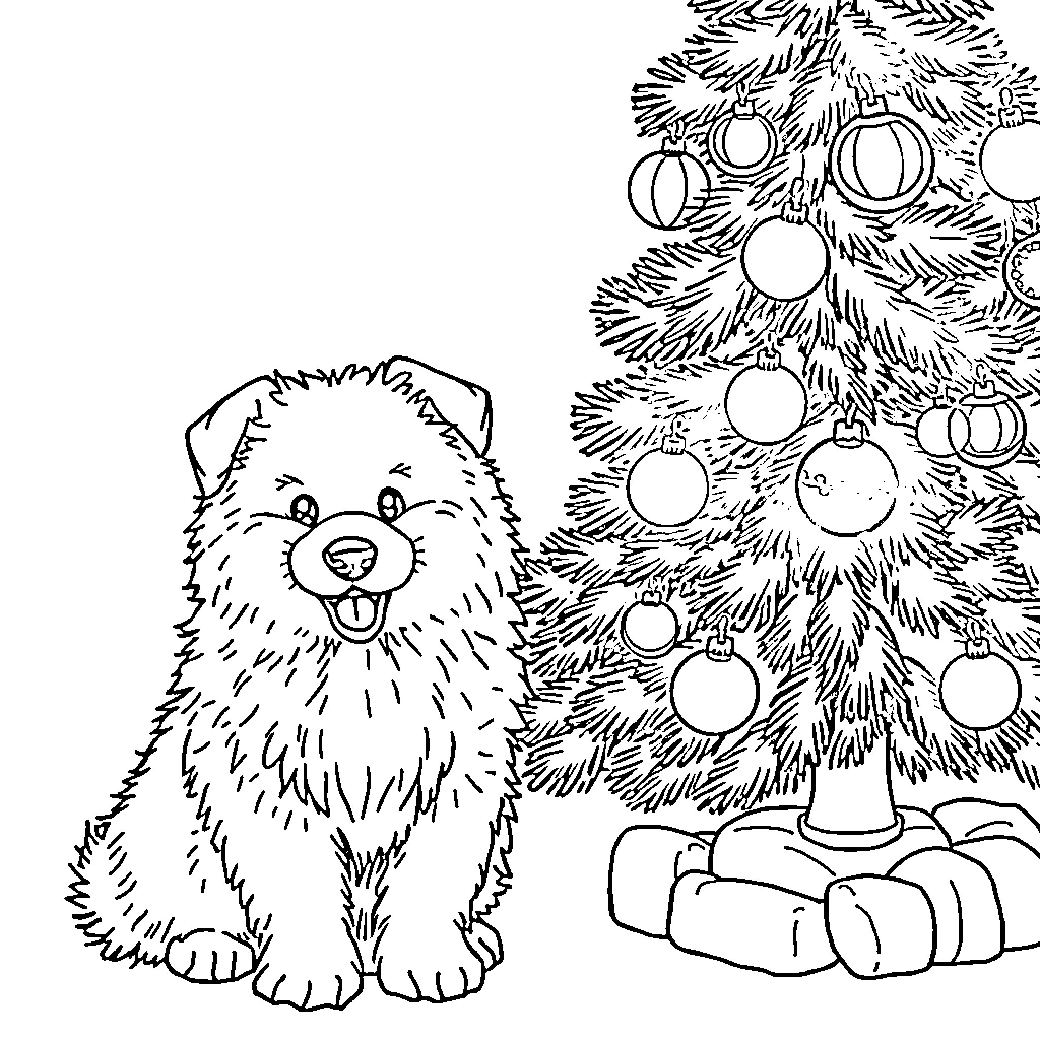 Dog excited by decorated Christmas tree Coloring Page (free black-and-white line drawing printable PDF for all, from beginners to advanced learners, including children, teens, adults, and seniors)