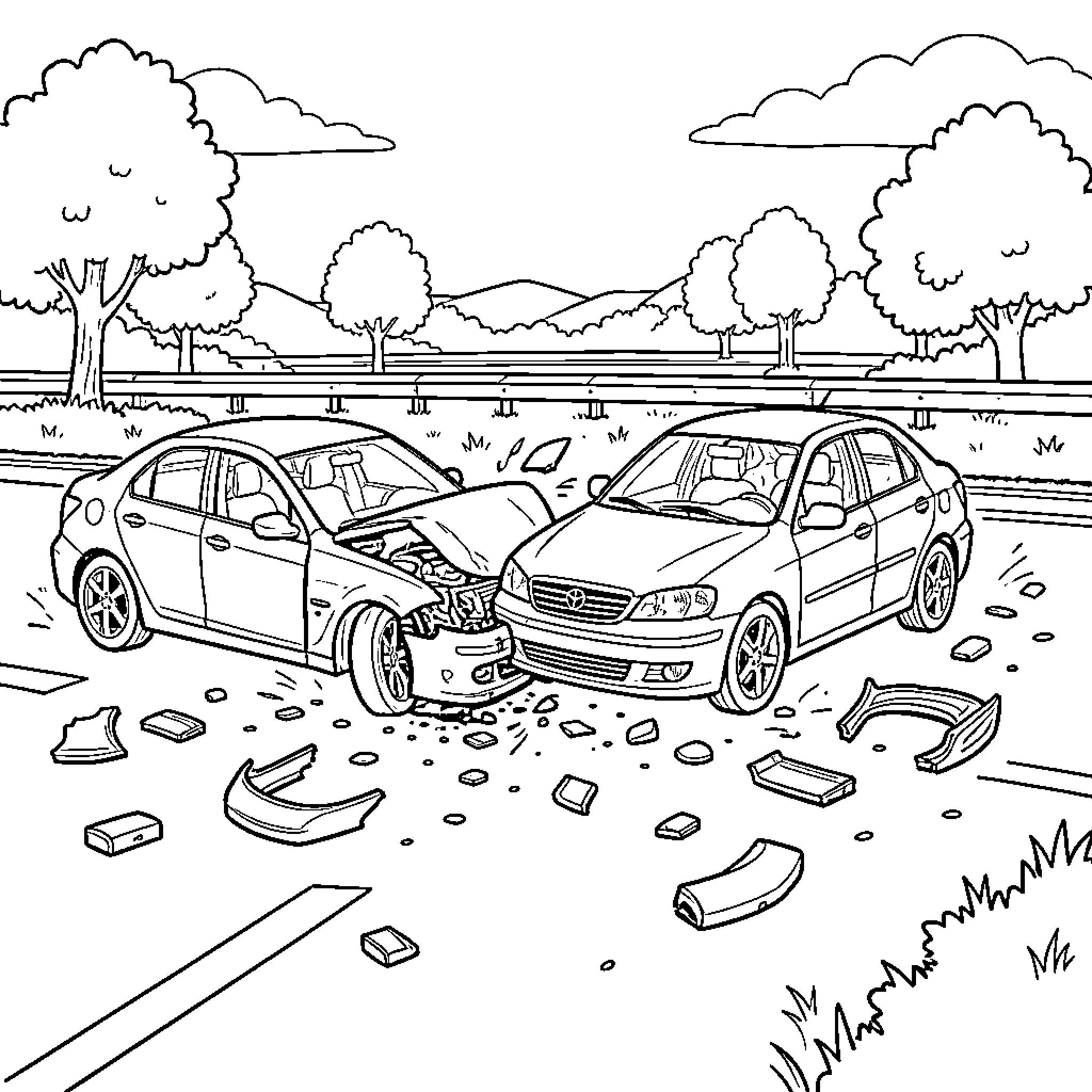 Car collision scene with debris on the road Coloring Page (free black-and-white line drawing printable PDF for all, from beginners to advanced learners, including children, teens, adults, and seniors)
