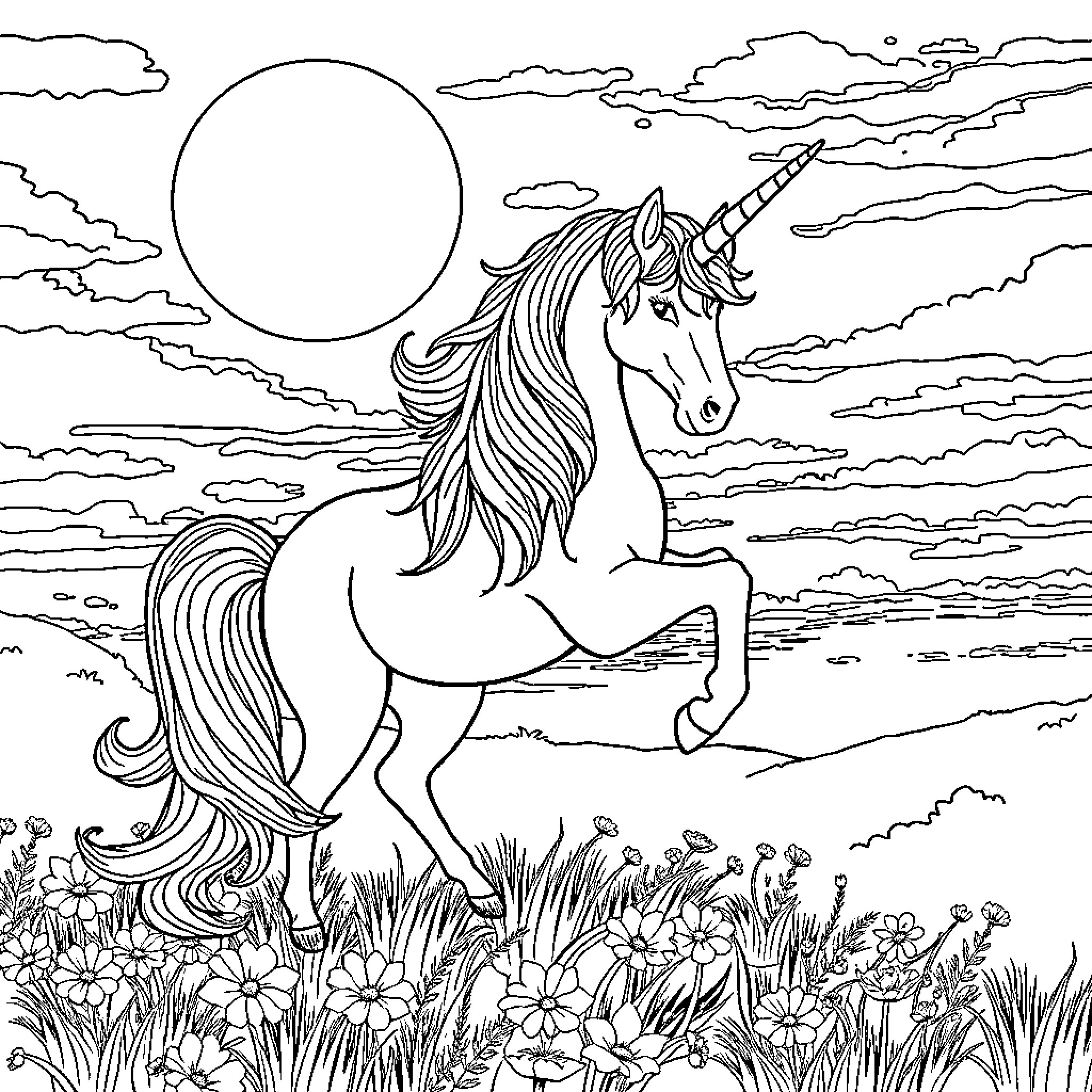 Unicorn prancing through a mystical meadow Coloring Page (free black-and-white line drawing printable PDF for all, from beginners to advanced learners, including children, teens, adults, and seniors)