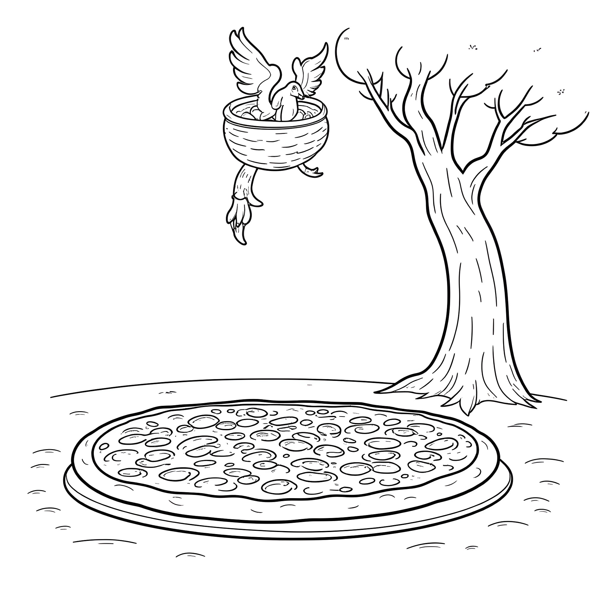 Pizza with angel in the tree Coloring Page (free black-and-white line drawing printable PDF for all, from beginners to advanced learners, including children, teens, adults, and seniors)