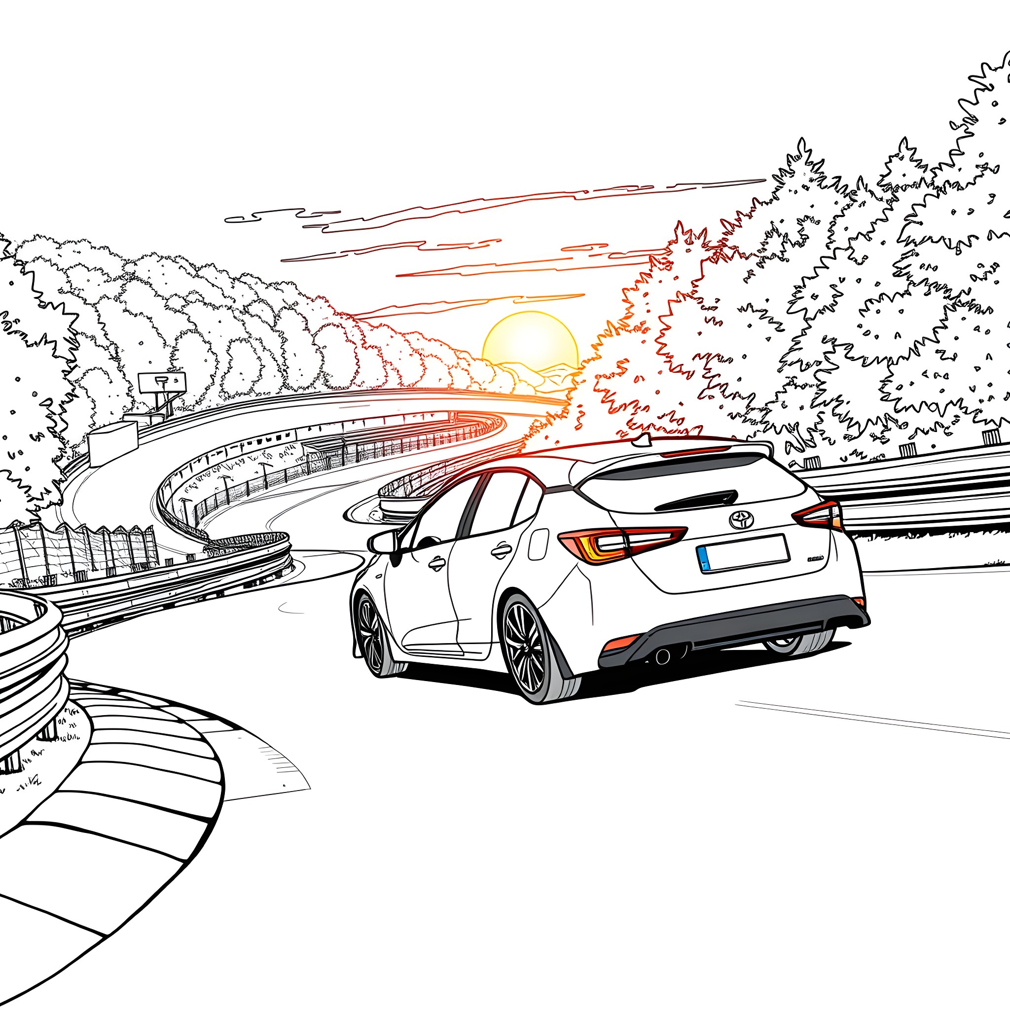 Toyota car speeding along winding road at sunset Coloring Page (free black-and-white line drawing printable PDF for all, from beginners to advanced learners, including children, teens, adults, and seniors)
