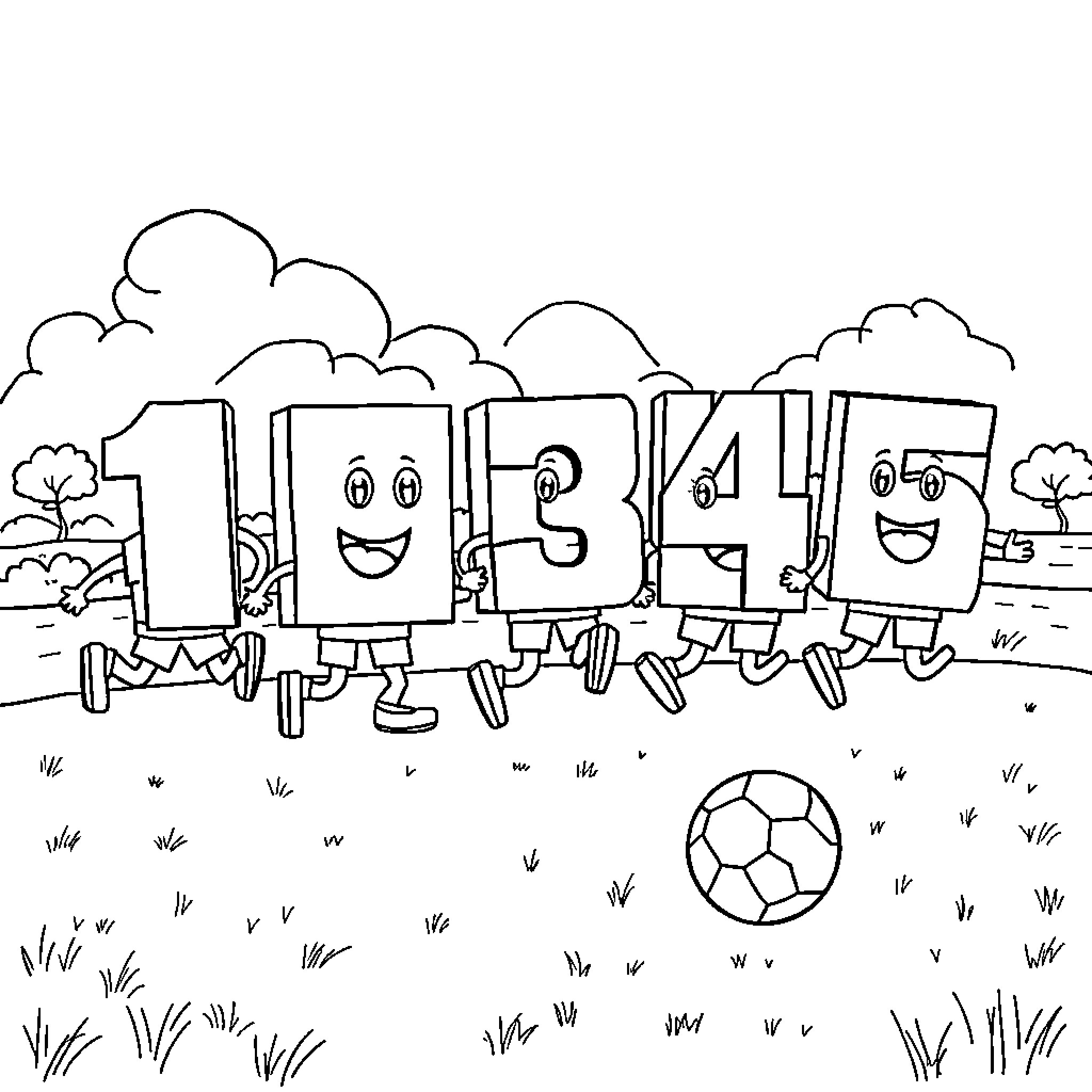 Numberblock characters playing happily in a field Coloring Page (free black-and-white line drawing printable PDF for all, from beginners to advanced learners, including children, teens, adults, and seniors)