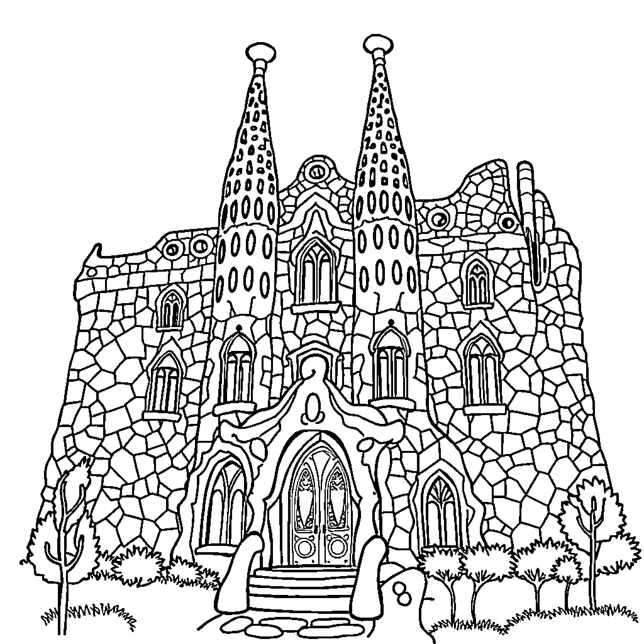 Trencadis Mosaic Masterpiece: A Whimsical Cathedral Landscape Coloring Page (free black-and-white line drawing printable PDF for all, from beginners to advanced learners, including children, teens, adults, and seniors)