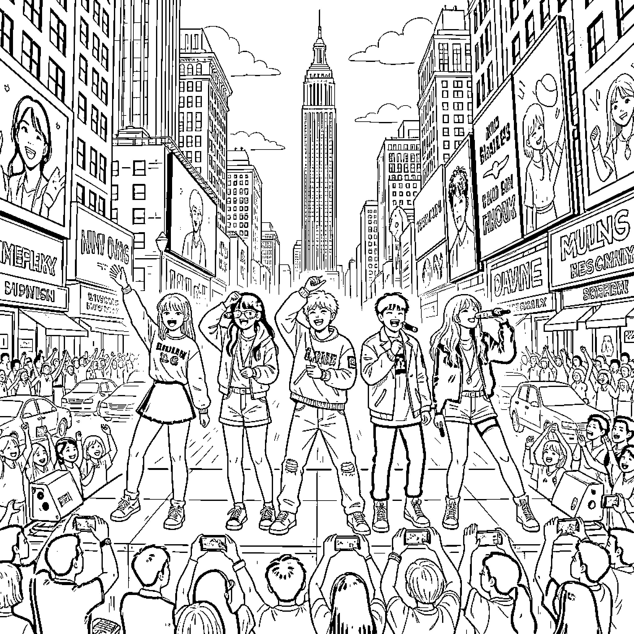 K Pop idols performing on a city stage Coloring Page (free black-and-white line drawing printable PDF for all, from beginners to advanced learners, including children, teens, adults, and seniors)
