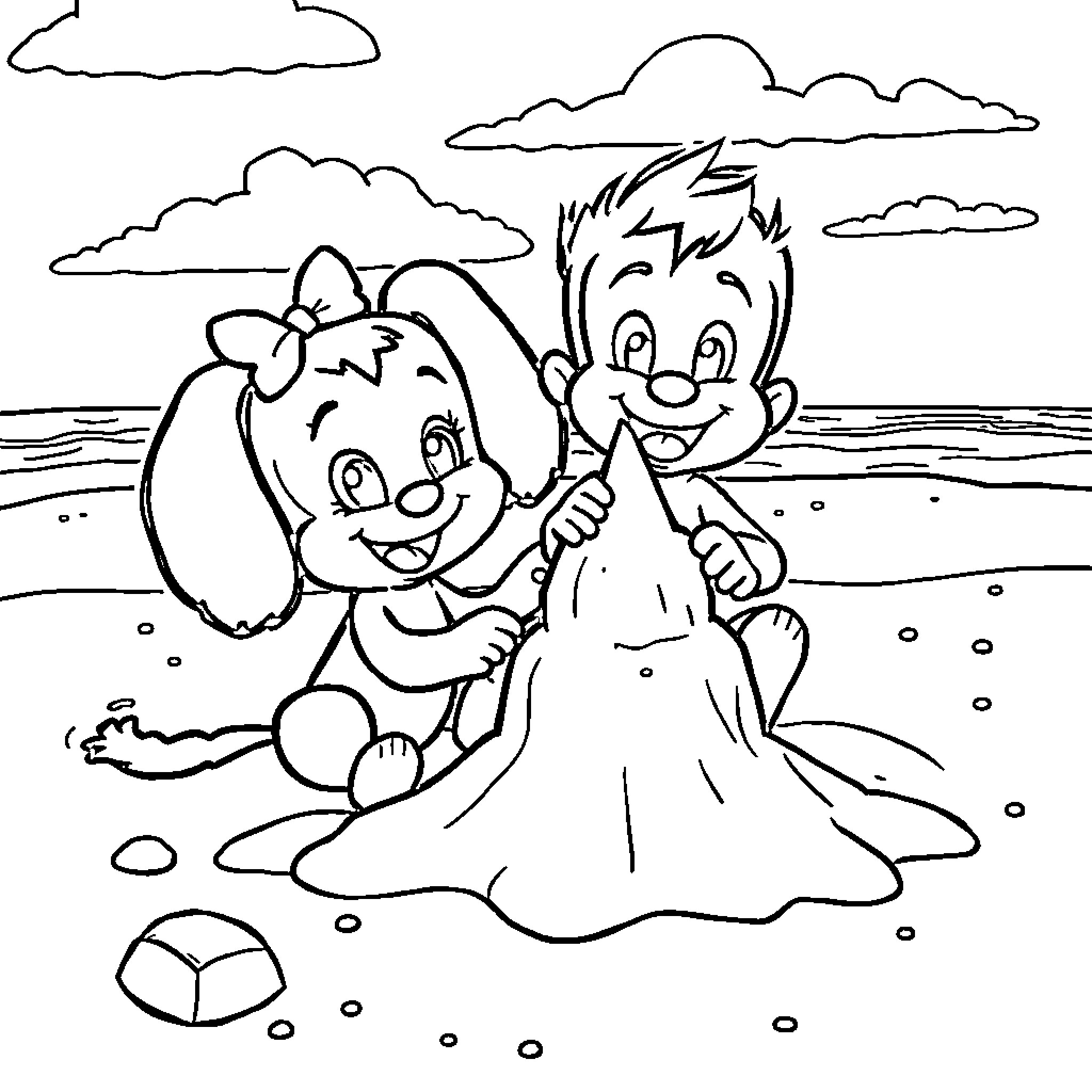Bluey and sibling playing in sandpit Coloring Page (free black-and-white line drawing printable PDF for all, from beginners to advanced learners, including children, teens, adults, and seniors)