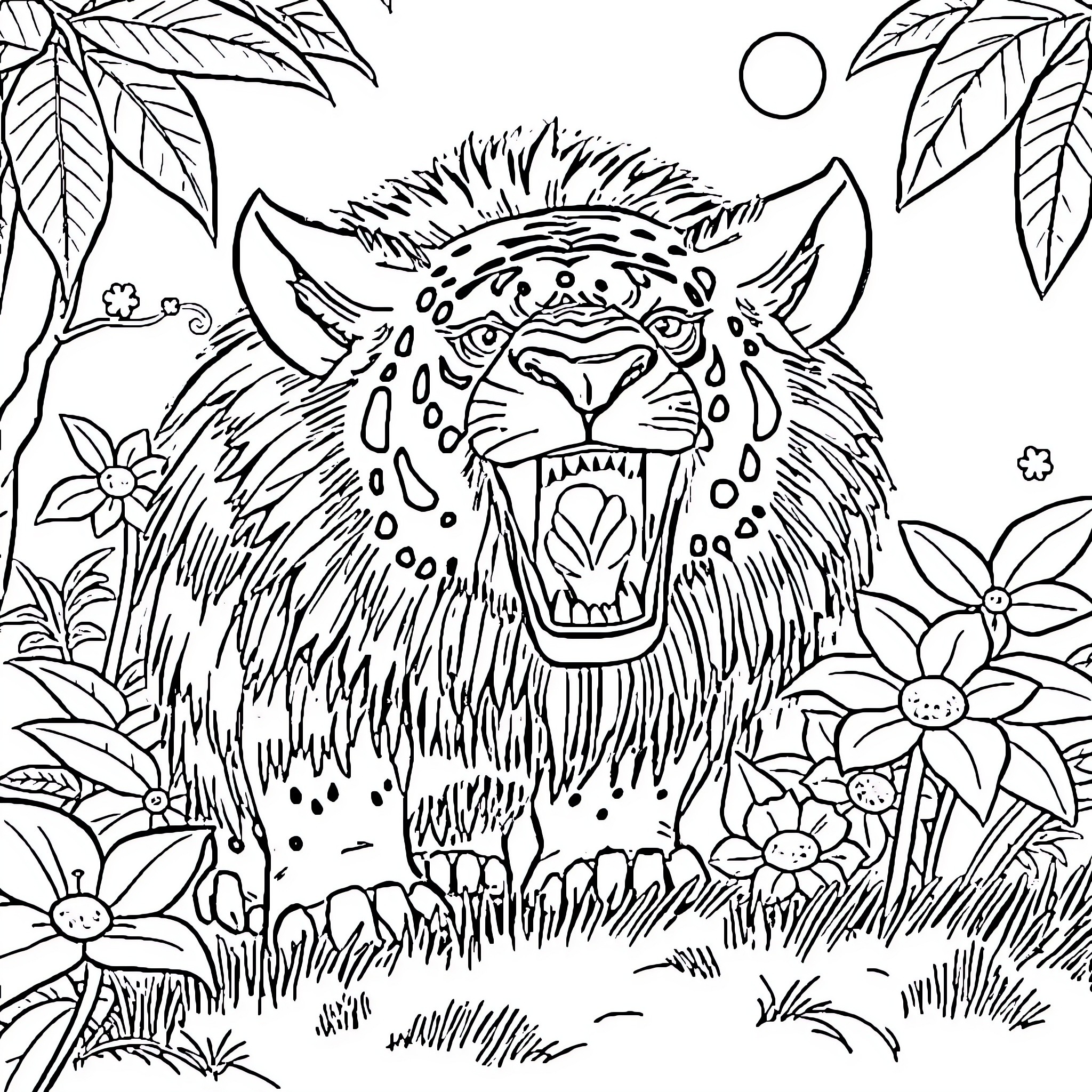 Singa roaring in the tropical jungle Coloring Page (free black-and-white line drawing printable PDF for all, from beginners to advanced learners, including children, teens, adults, and seniors)