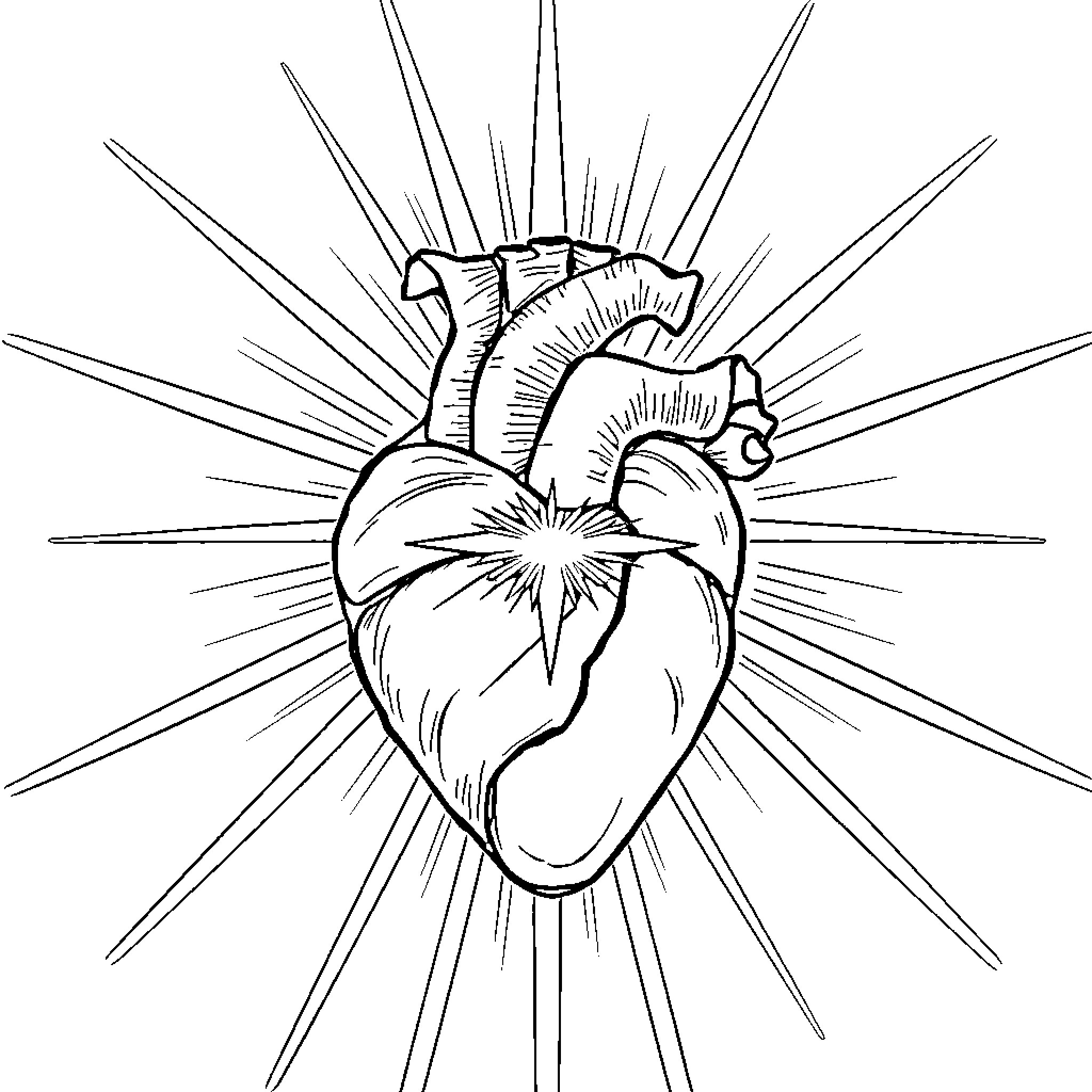 Heart Shines Brightly with Radiant Rays Coloring Page (free black-and-white line drawing printable PDF for all, from beginners to advanced learners, including children, teens, adults, and seniors)
