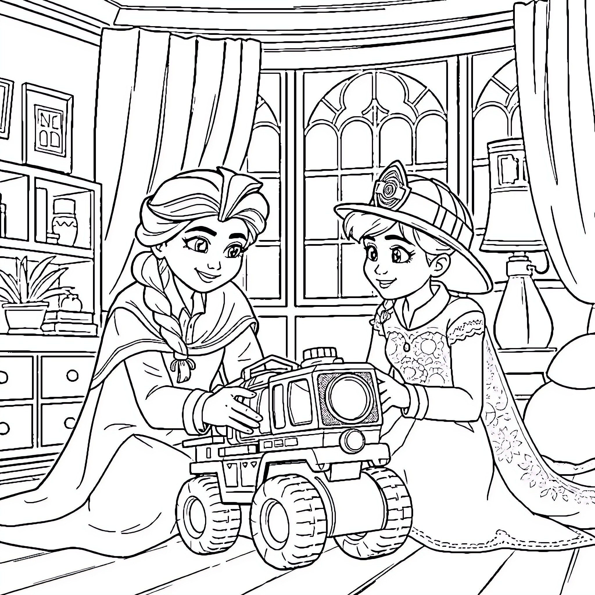 Elsa and Anna playing with a toy truck in the palace Coloring Page (free black-and-white line drawing printable PDF for all, from beginners to advanced learners, including children, teens, adults, and seniors)