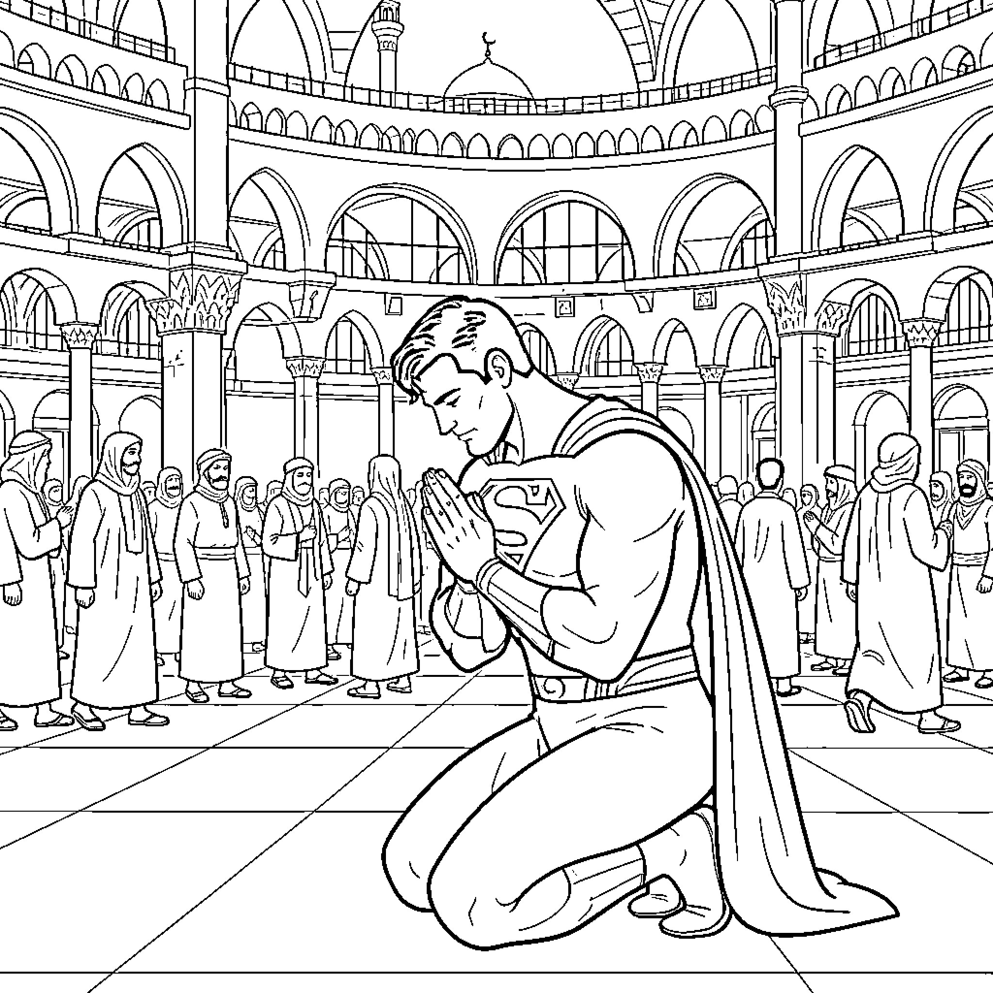 Superman kneeling in prayer inside a grand mosque Coloring Page (free black-and-white line drawing printable PDF for all, from beginners to advanced learners, including children, teens, adults, and seniors)