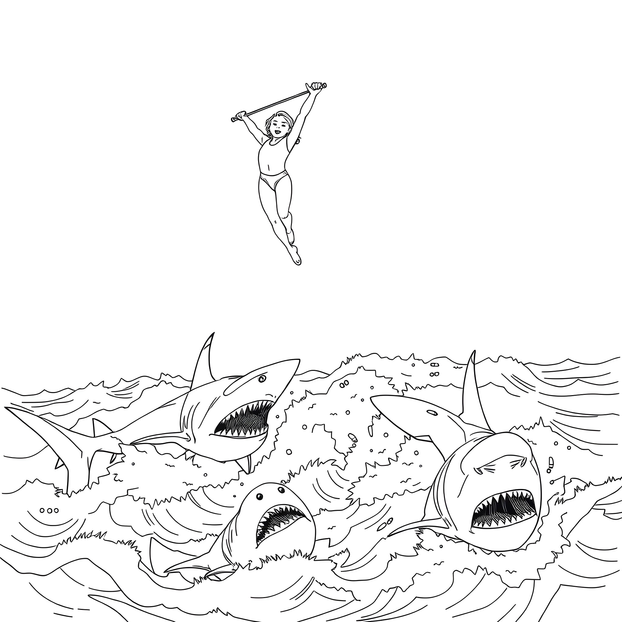 Gymnast performing acrobatic routine amid attacking sharks Coloring Page (free black-and-white line drawing printable PDF for all, from beginners to advanced learners, including children, teens, adults, and seniors)