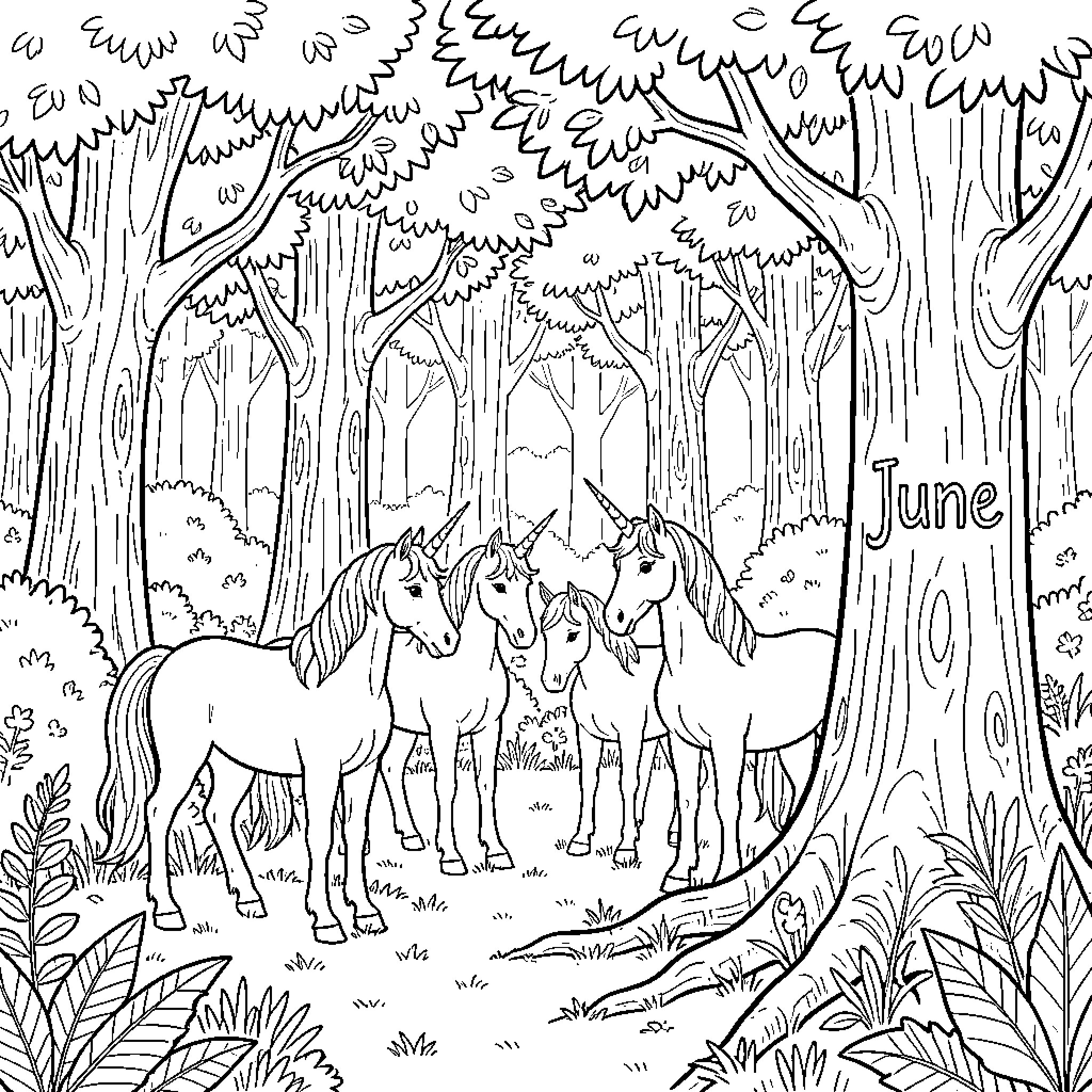 Unicorn family standing together in a lush forest Coloring Page (free black-and-white line drawing printable PDF for all, from beginners to advanced learners, including children, teens, adults, and seniors)