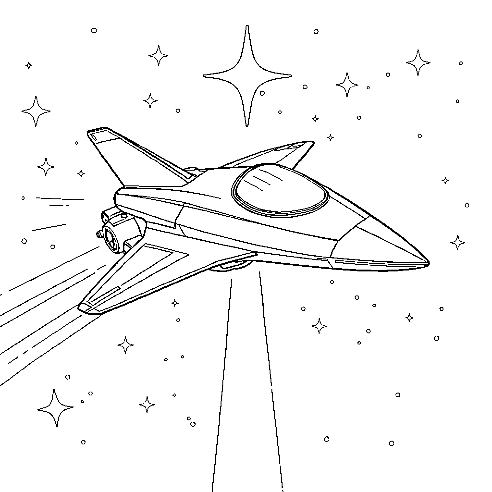 Spaceship soaring through the cosmos Coloring Page (free black-and-white line drawing printable PDF for all, from beginners to advanced learners, including children, teens, adults, and seniors)