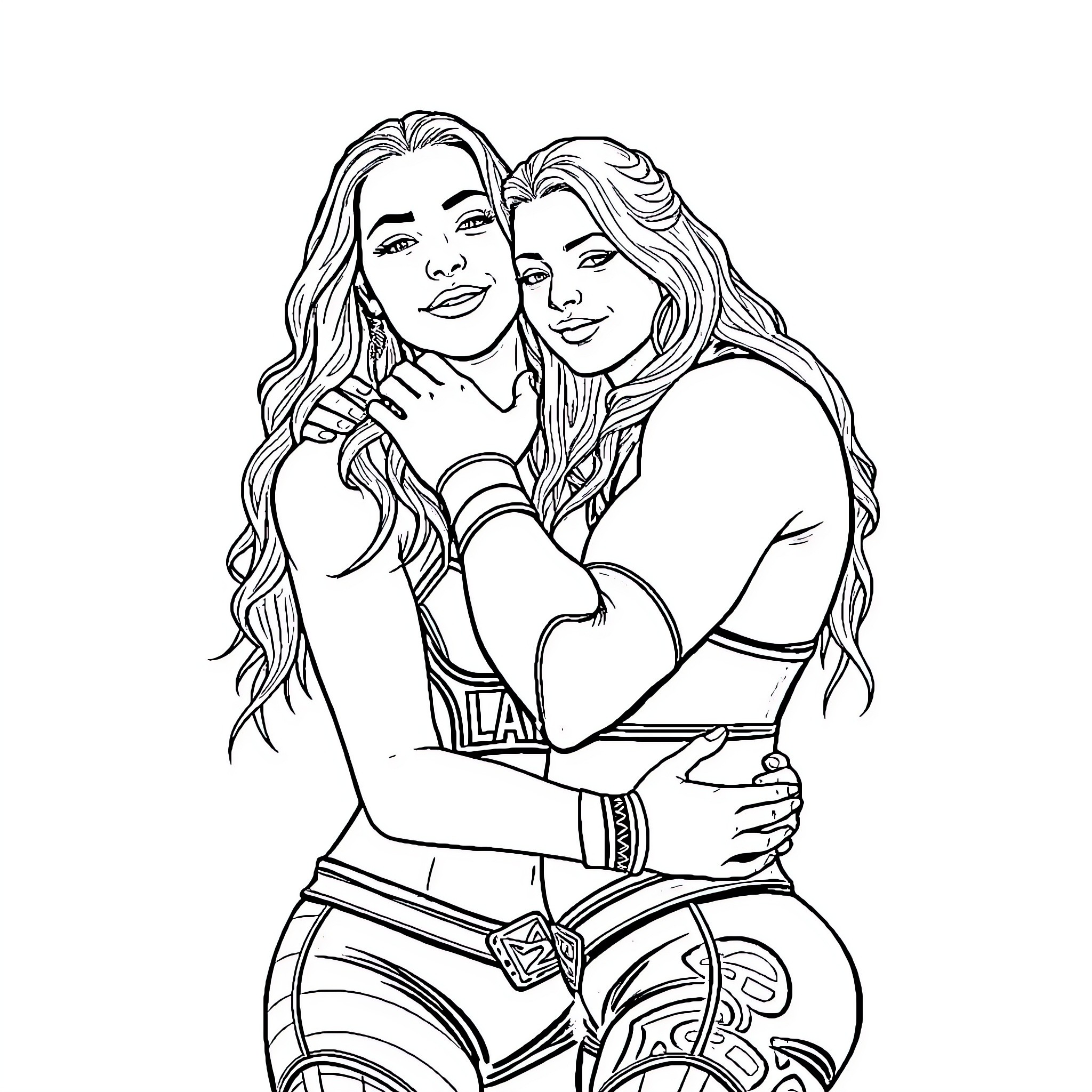 Rhea Ripley and friend in warm embrace Coloring Page (free black-and-white line drawing printable PDF for all, from beginners to advanced learners, including children, teens, adults, and seniors)
