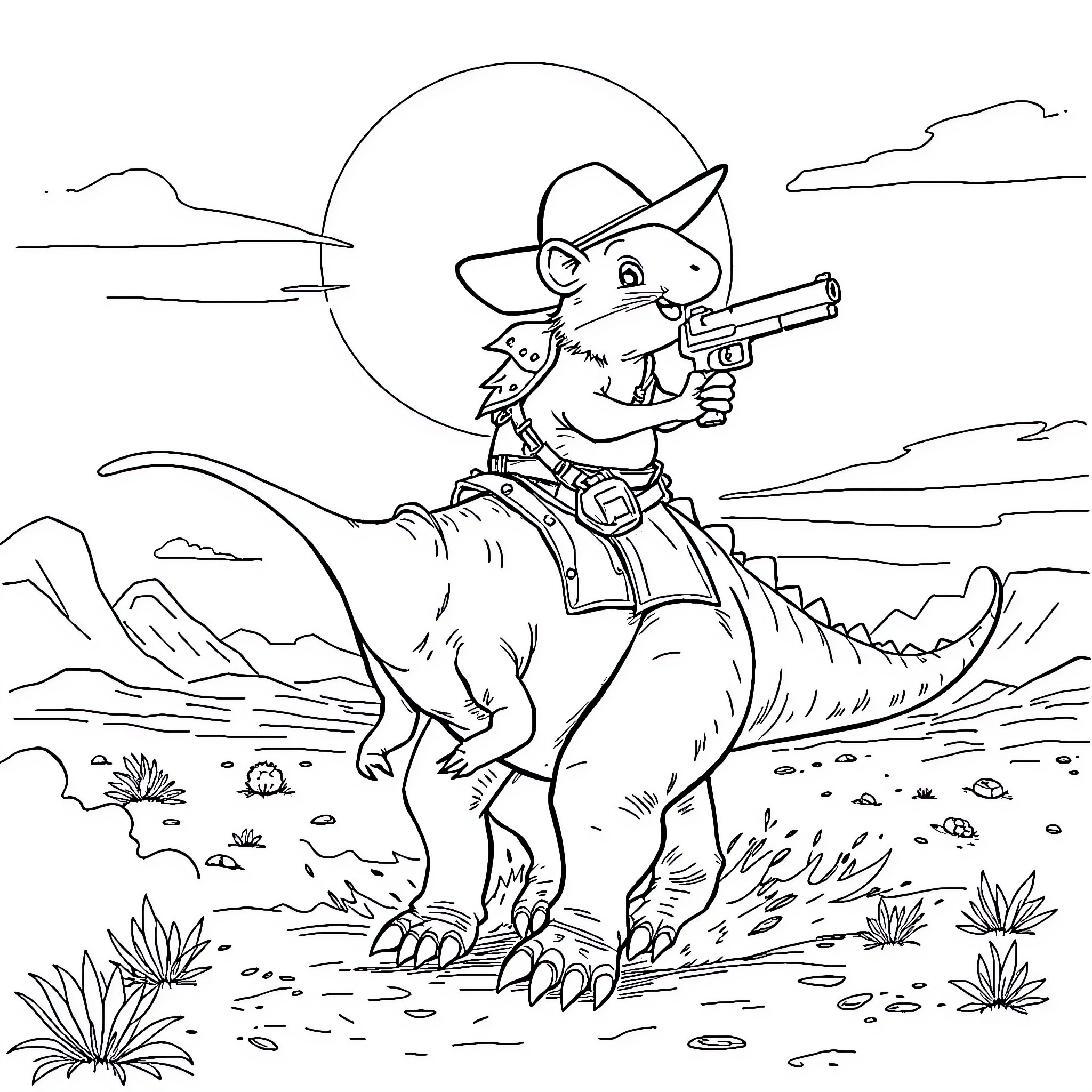 Hamster Cowboy Riding a Dinosaur in the Wild Coloring Page (free black-and-white line drawing printable PDF for all, from beginners to advanced learners, including children, teens, adults, and seniors)