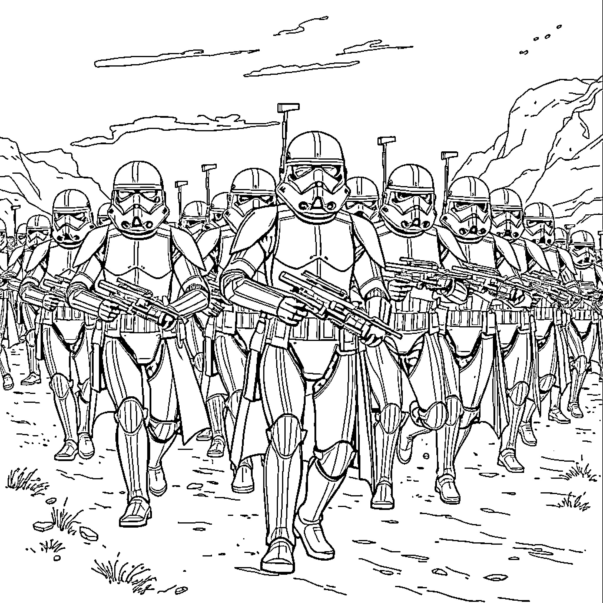 Troop of armored soldiers marching in formation Coloring Page (free black-and-white line drawing printable PDF for all, from beginners to advanced learners, including children, teens, adults, and seniors)
