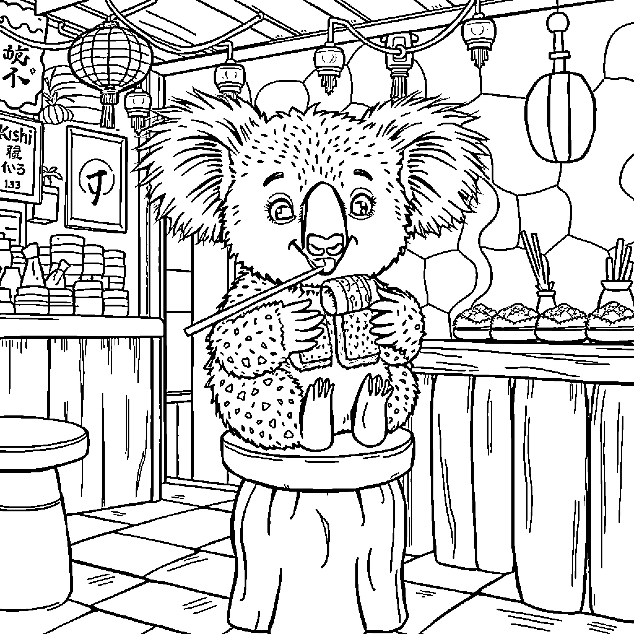 Koala enjoying a snack in a cozy cafe Coloring Page (free black-and-white line drawing printable PDF for all, from beginners to advanced learners, including children, teens, adults, and seniors)