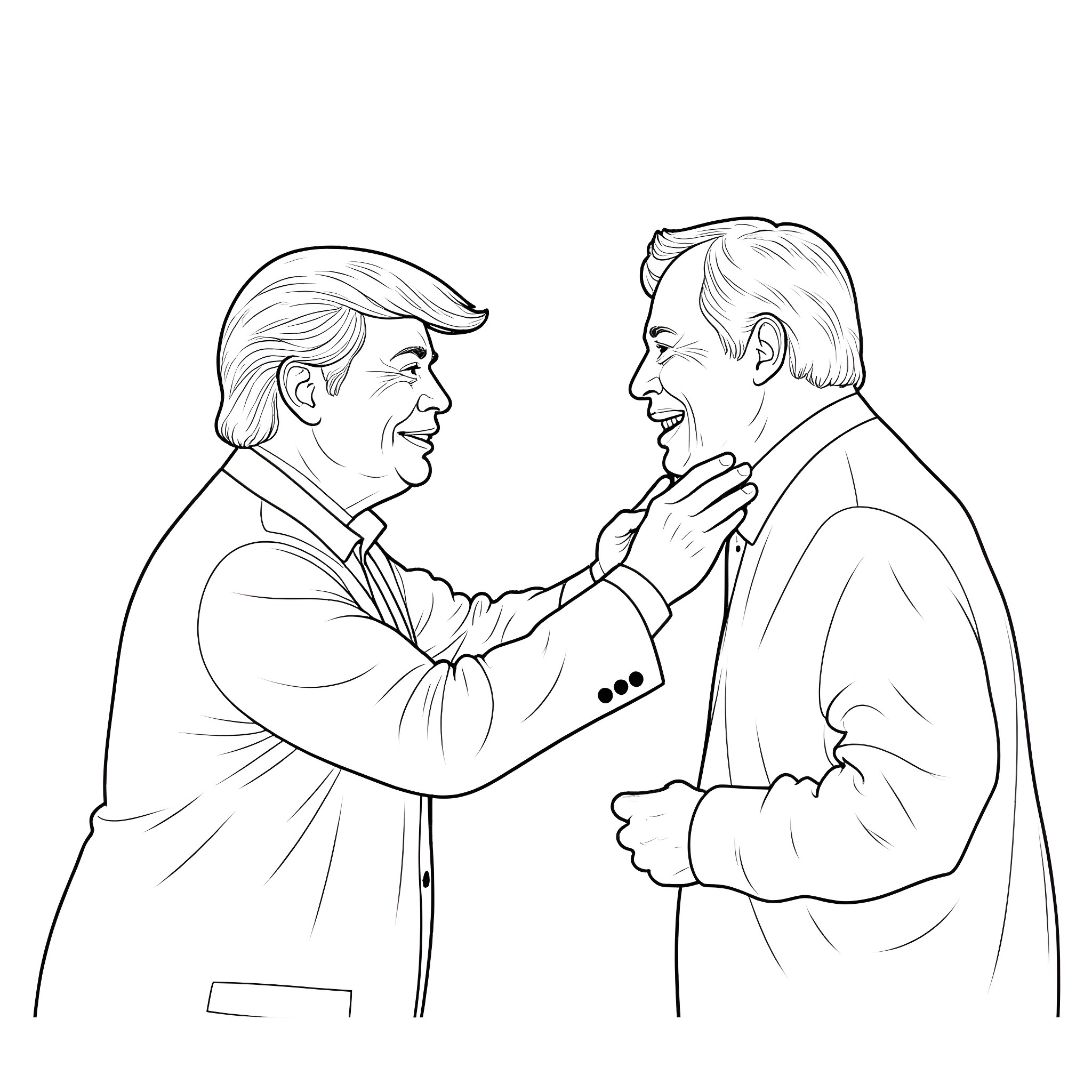 Donald Trump engaging in an animated discussion with another person Coloring Page (free black-and-white line drawing printable PDF for all, from beginners to advanced learners, including children, teens, adults, and seniors)