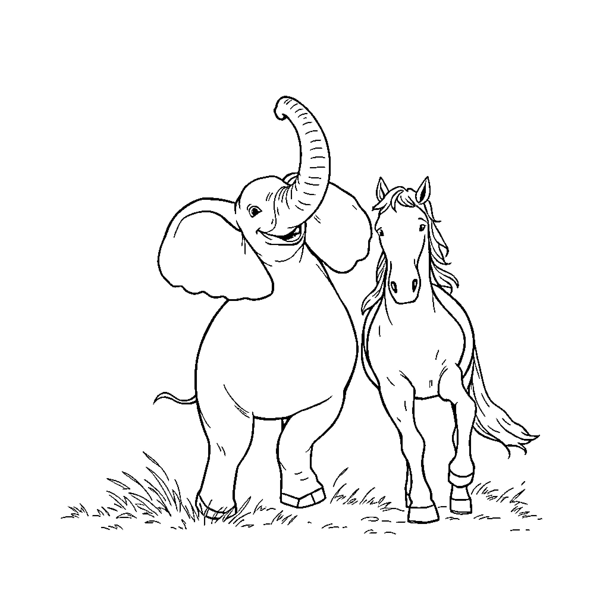 Elephant and horse playing together in the field Coloring Page (free black-and-white line drawing printable PDF for all, from beginners to advanced learners, including children, teens, adults, and seniors)