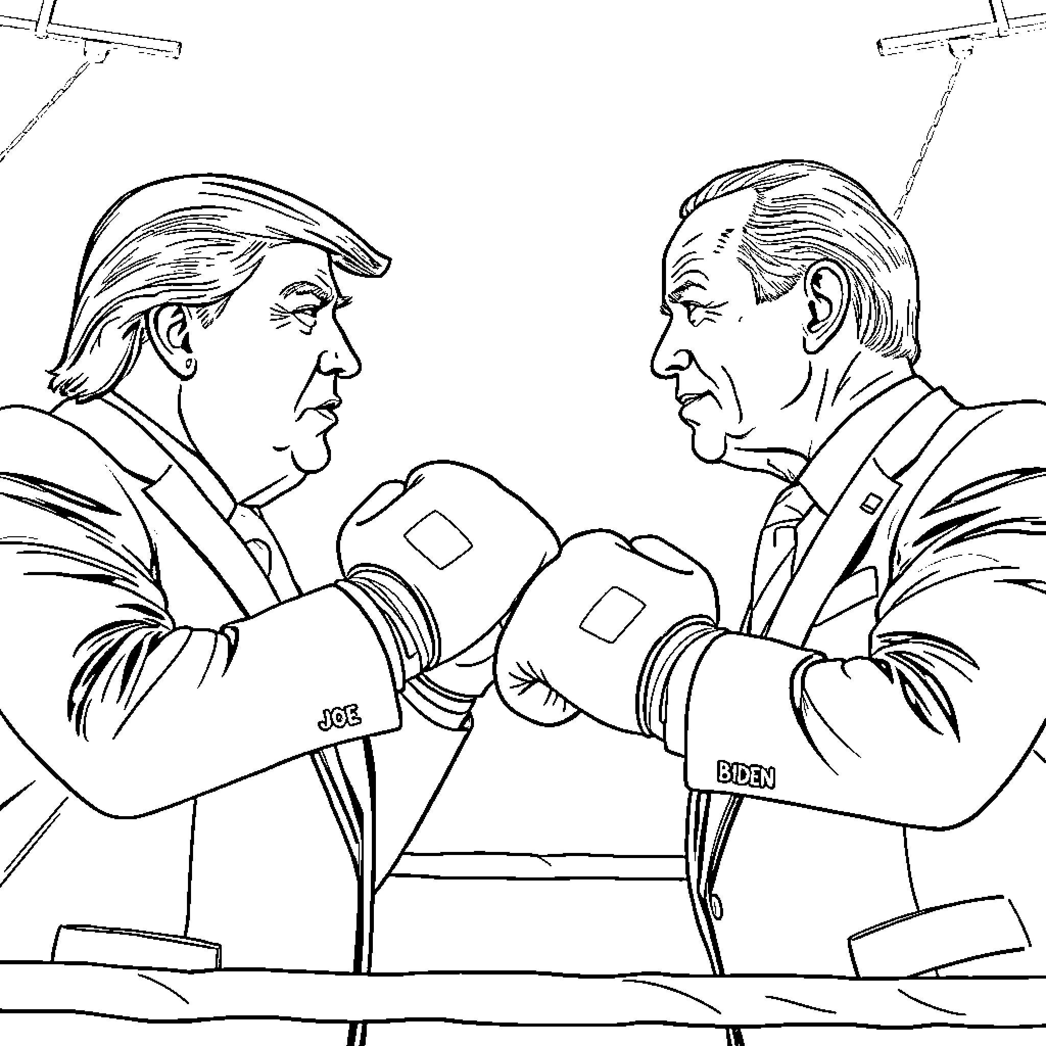 Donald Trump and Joe Biden Facing Off Coloring Page (free black-and-white line drawing printable PDF for all, from beginners to advanced learners, including children, teens, adults, and seniors)