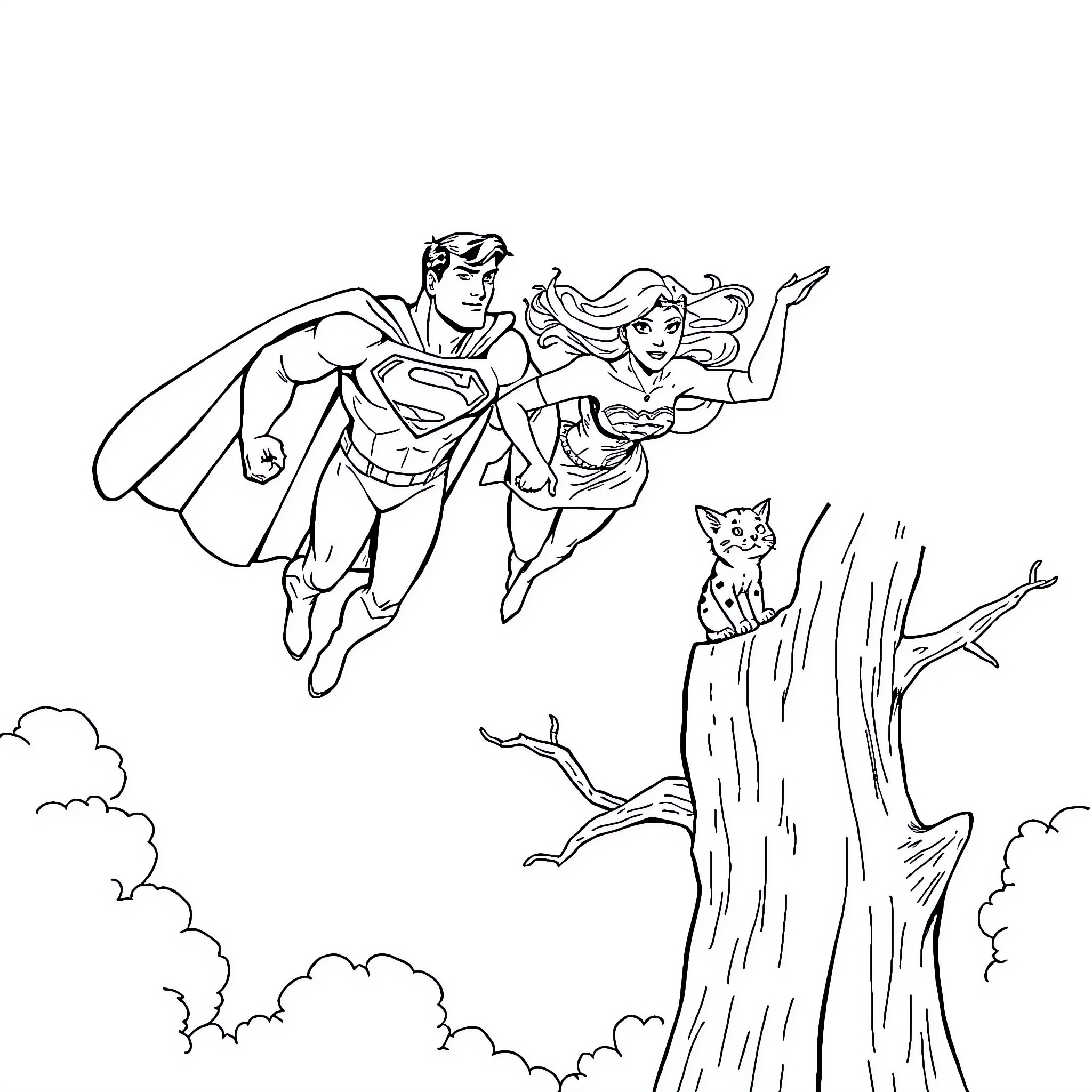 Superman and Wonder Woman soaring through the sky Coloring Page (free black-and-white line drawing printable PDF for all, from beginners to advanced learners, including children, teens, adults, and seniors)