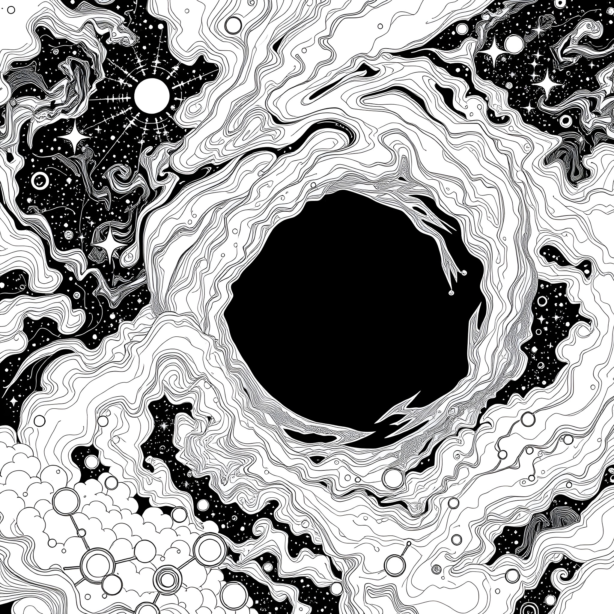 Black Hole with Cosmic Swirls and Celestial Orbs Coloring Page (free black-and-white line drawing printable PDF for all, from beginners to advanced learners, including children, teens, adults, and seniors)