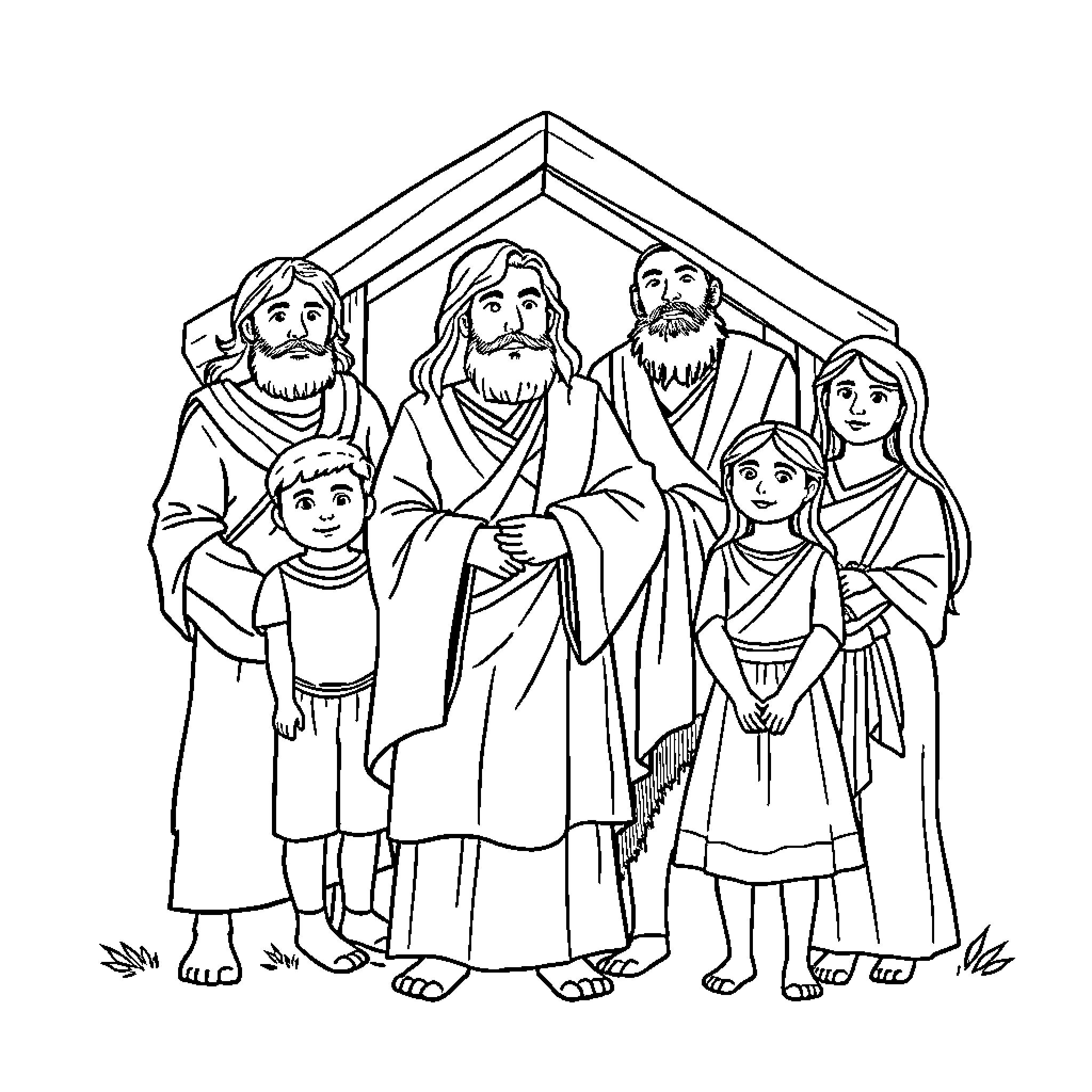 Noah and His Family Gathered Together Coloring Page (free black-and-white line drawing printable PDF for all, from beginners to advanced learners, including children, teens, adults, and seniors)