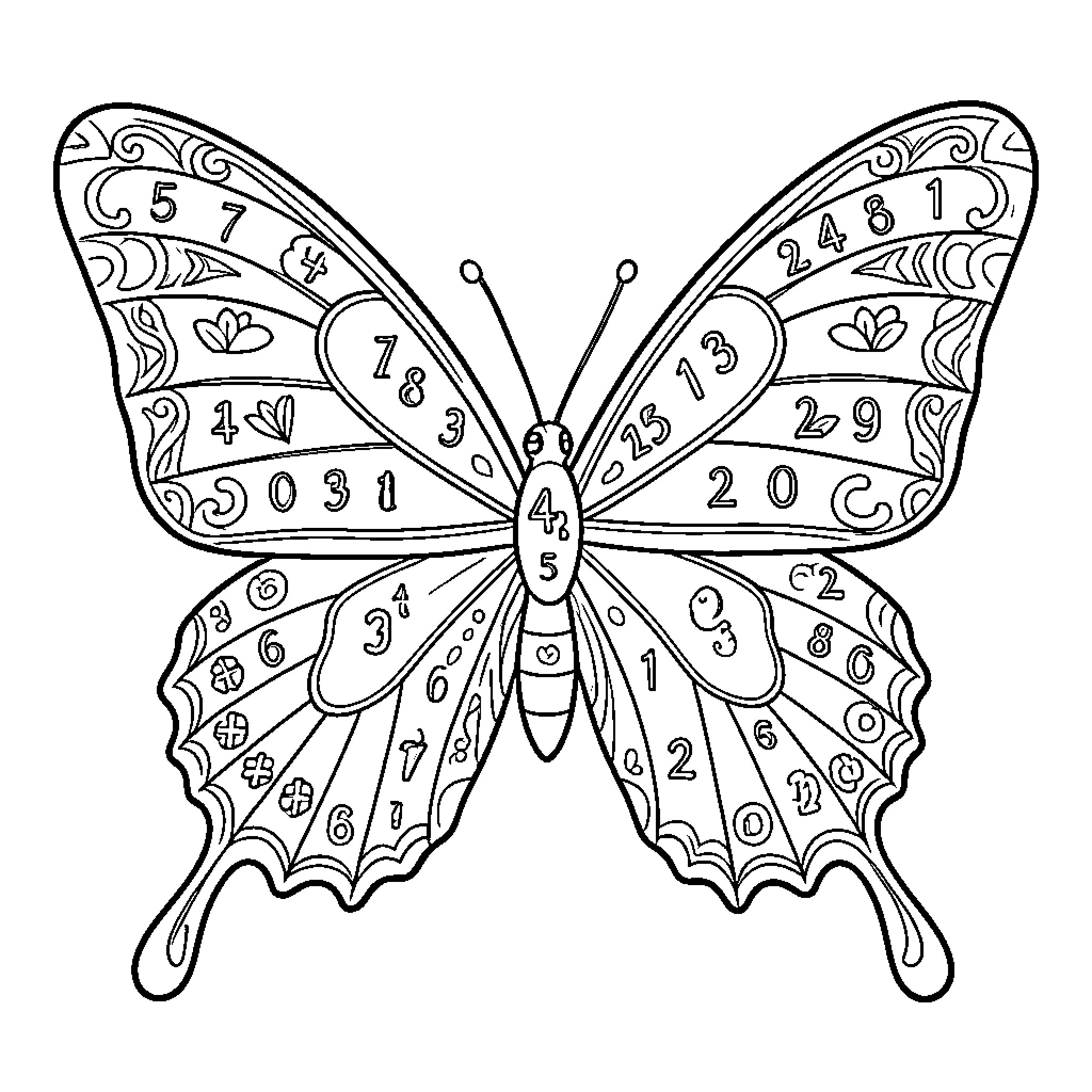 Butterfly with Intricate Patterns and Numbers Coloring Page (free black-and-white line drawing printable PDF for all, from beginners to advanced learners, including children, teens, adults, and seniors)