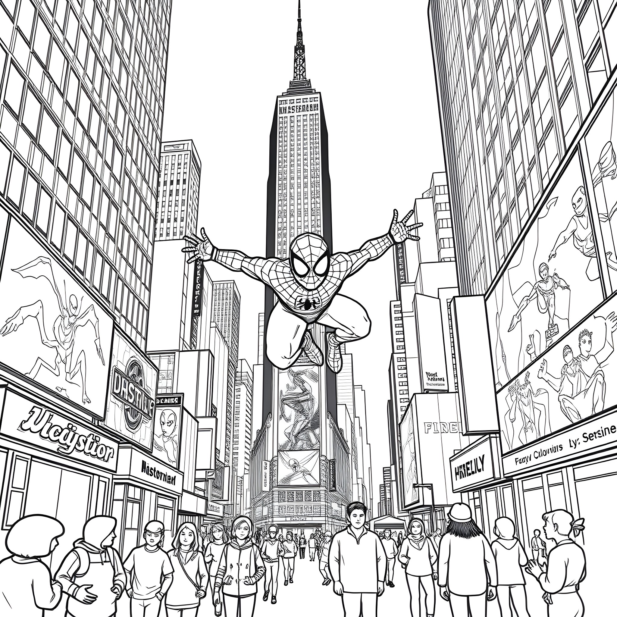 Spider-Man swinging through the bustling city streets Coloring Page (free black-and-white line drawing printable PDF for all, from beginners to advanced learners, including children, teens, adults, and seniors)