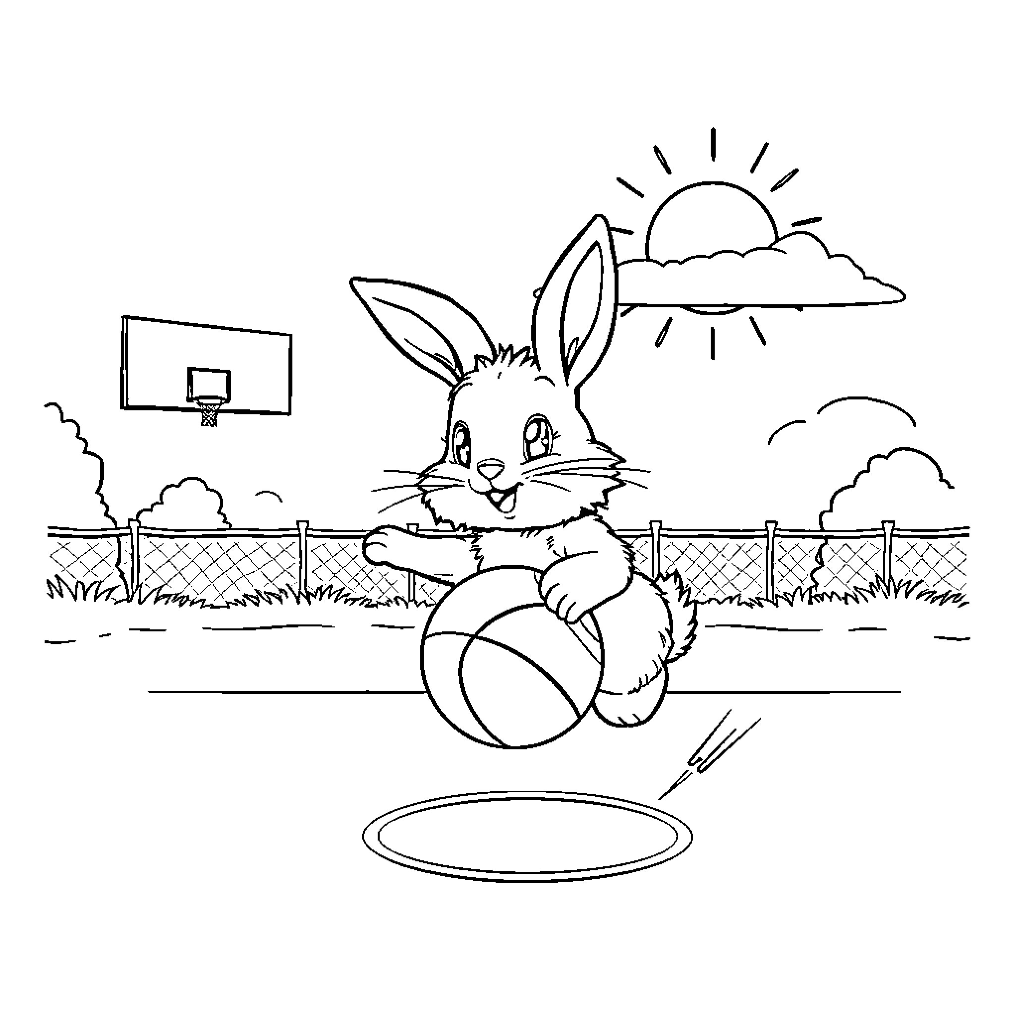 Rabbit playing joyfully with a ball on a sunny day Coloring Page (free black-and-white line drawing printable PDF for all, from beginners to advanced learners, including children, teens, adults, and seniors)