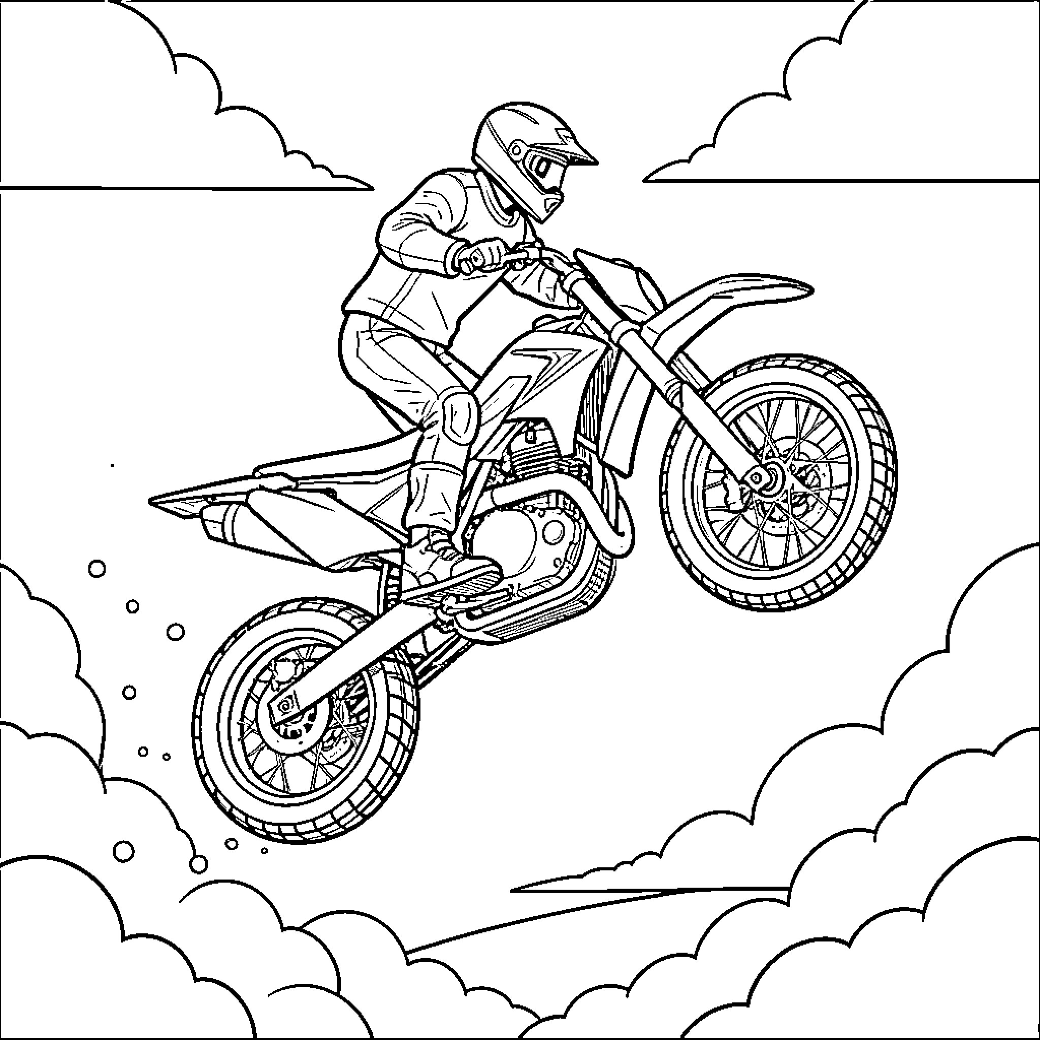 Motocross rider performing a stunt in the air Coloring Page (free black-and-white line drawing printable PDF for all, from beginners to advanced learners, including children, teens, adults, and seniors)