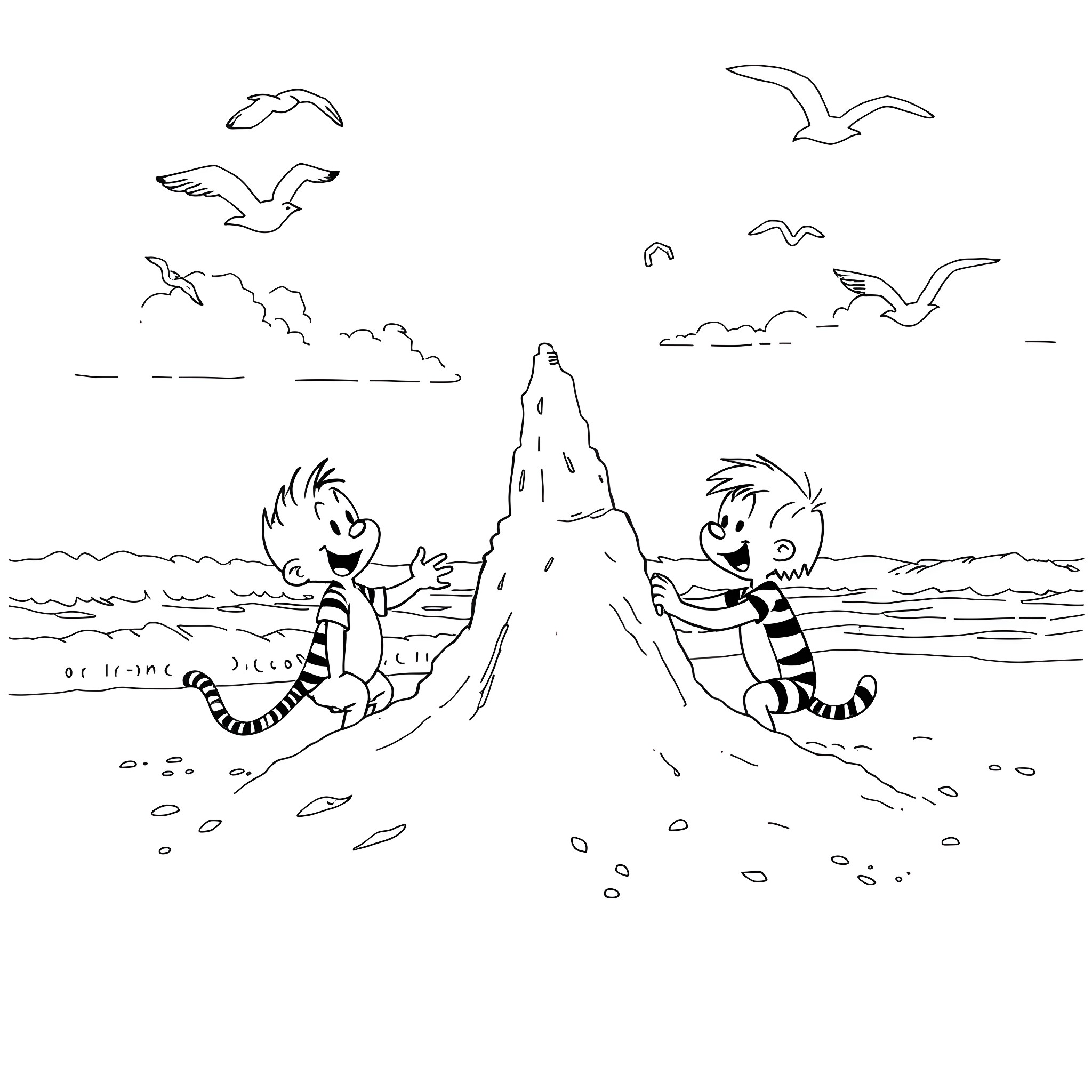 Calvin and friend building sandcastles on the beach Coloring Page (free black-and-white line drawing printable PDF for all, from beginners to advanced learners, including children, teens, adults, and seniors)